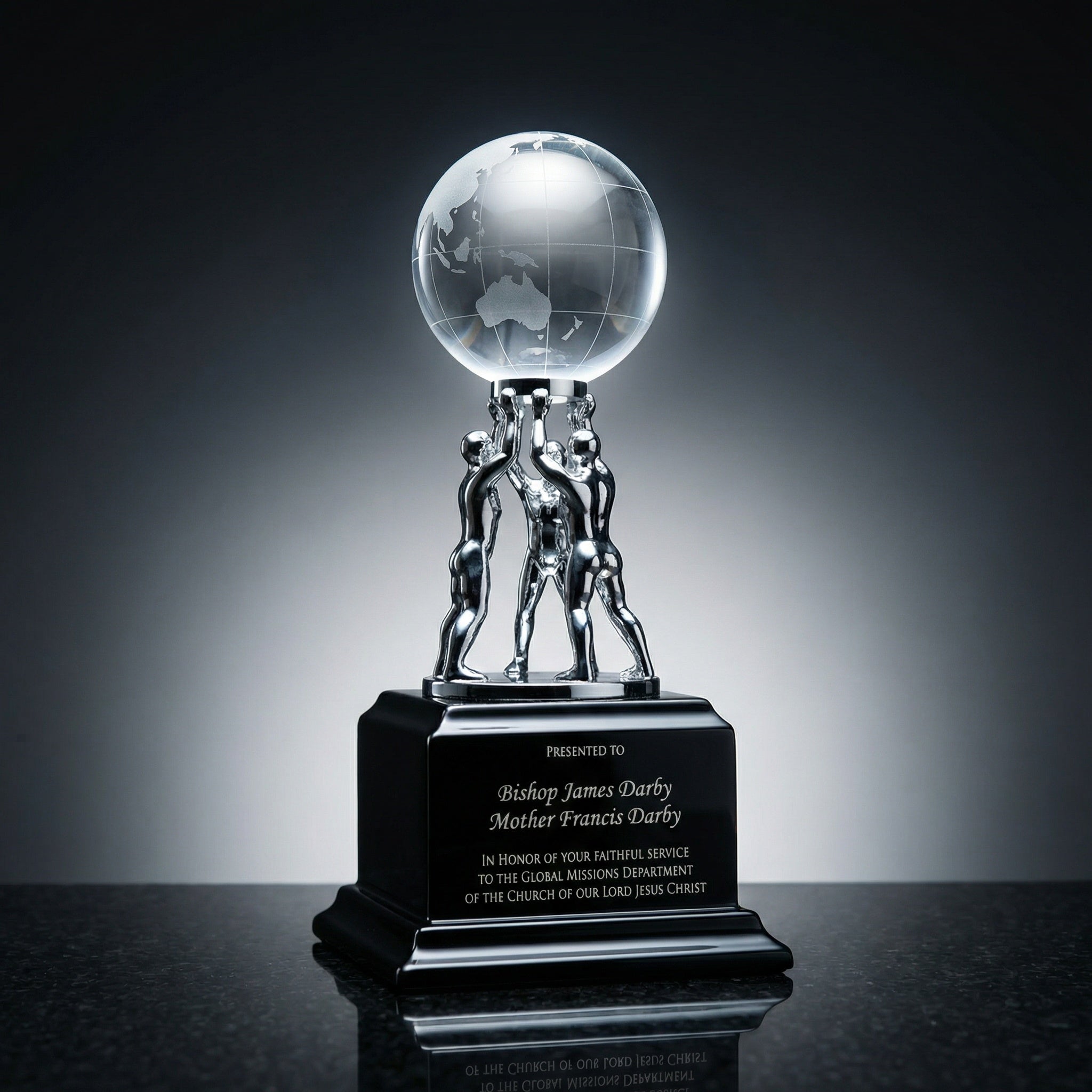 Clear Crystal Globe with Silver Men/Stand on Black Piano Finish Base