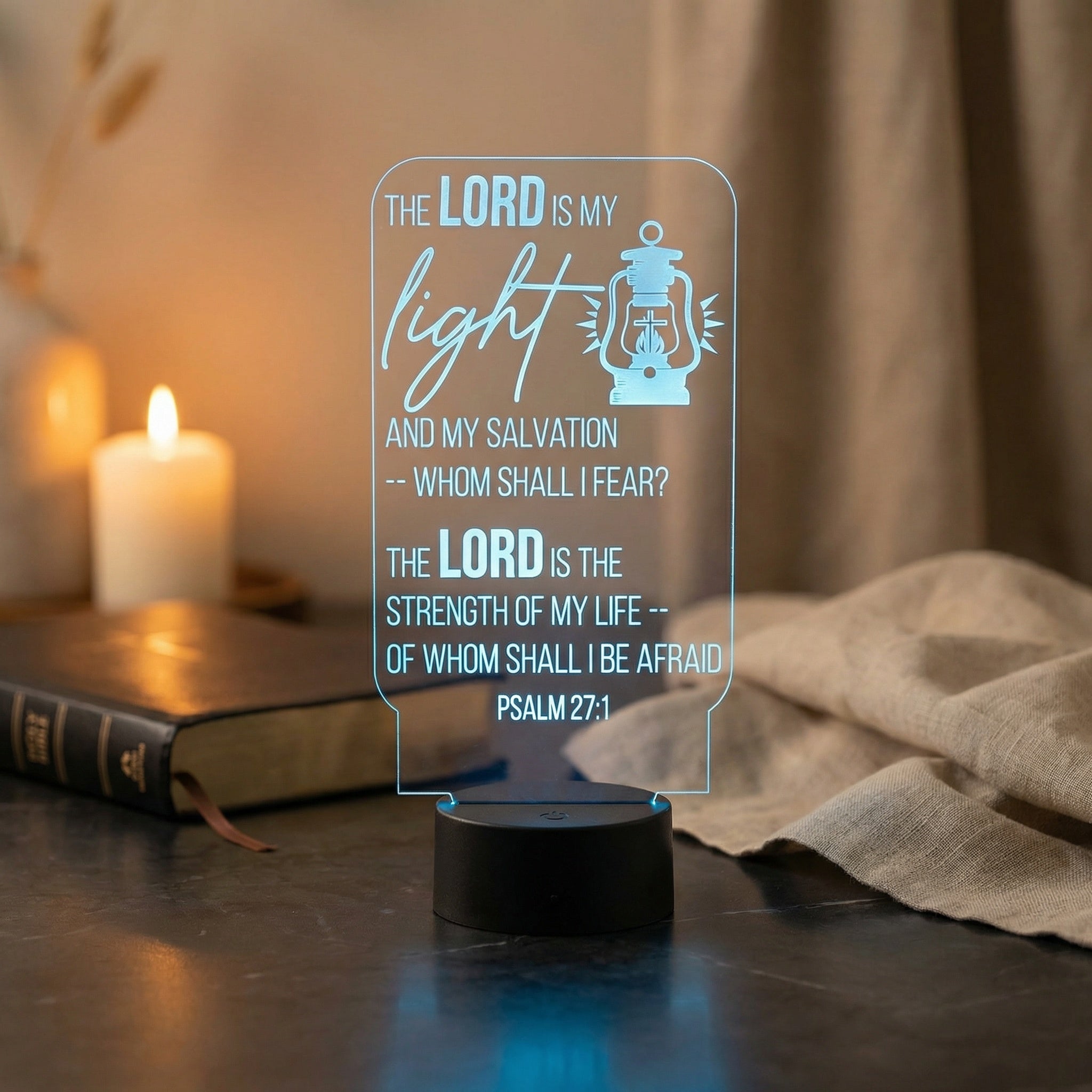 Scripture Light – The Lord Is My Light | LED Night Light with Cross Design (Psalm 27:1)