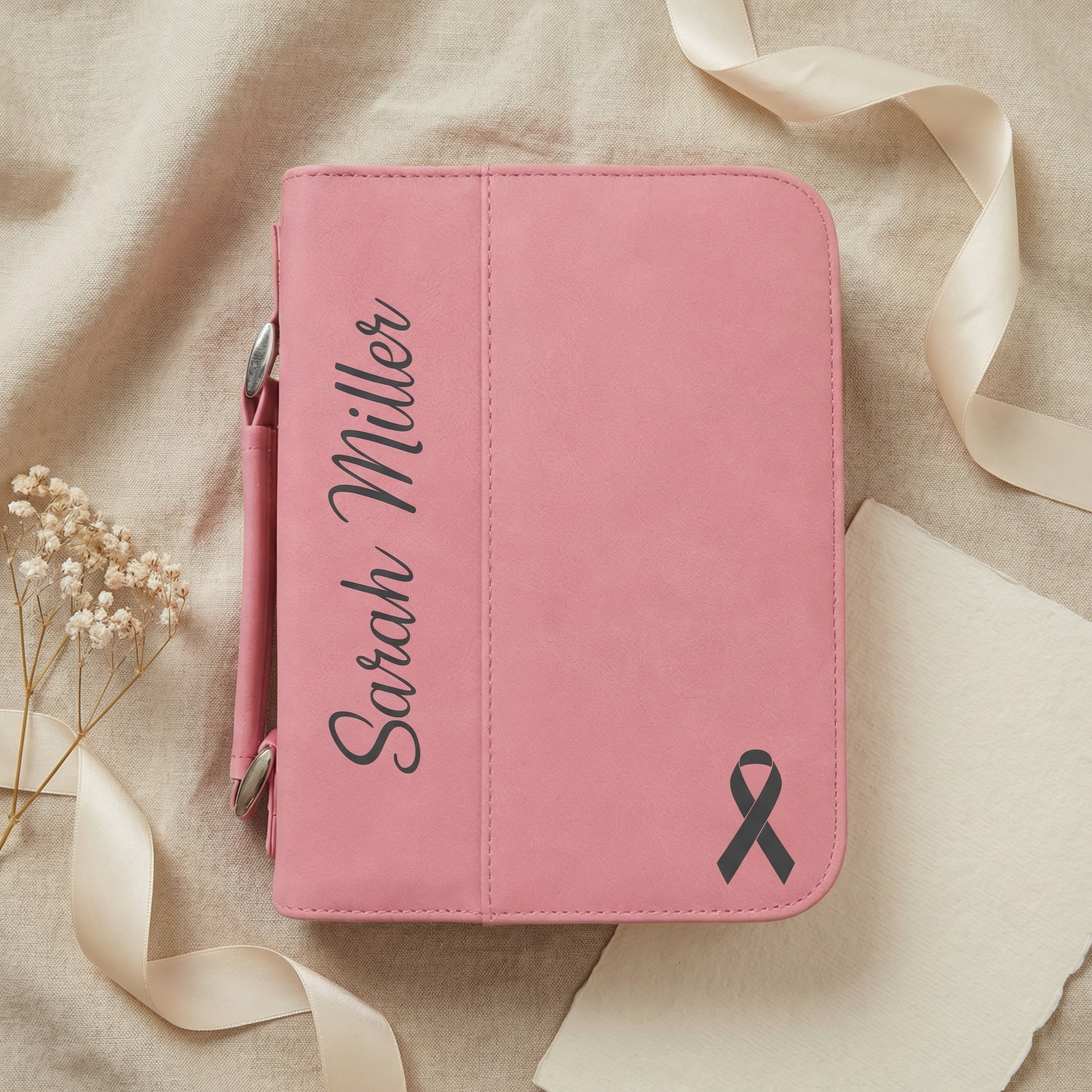 Breast Cancer Awareness Bible Cover with Name | Pink Ribbon Faith Design | Personalized Bible Case