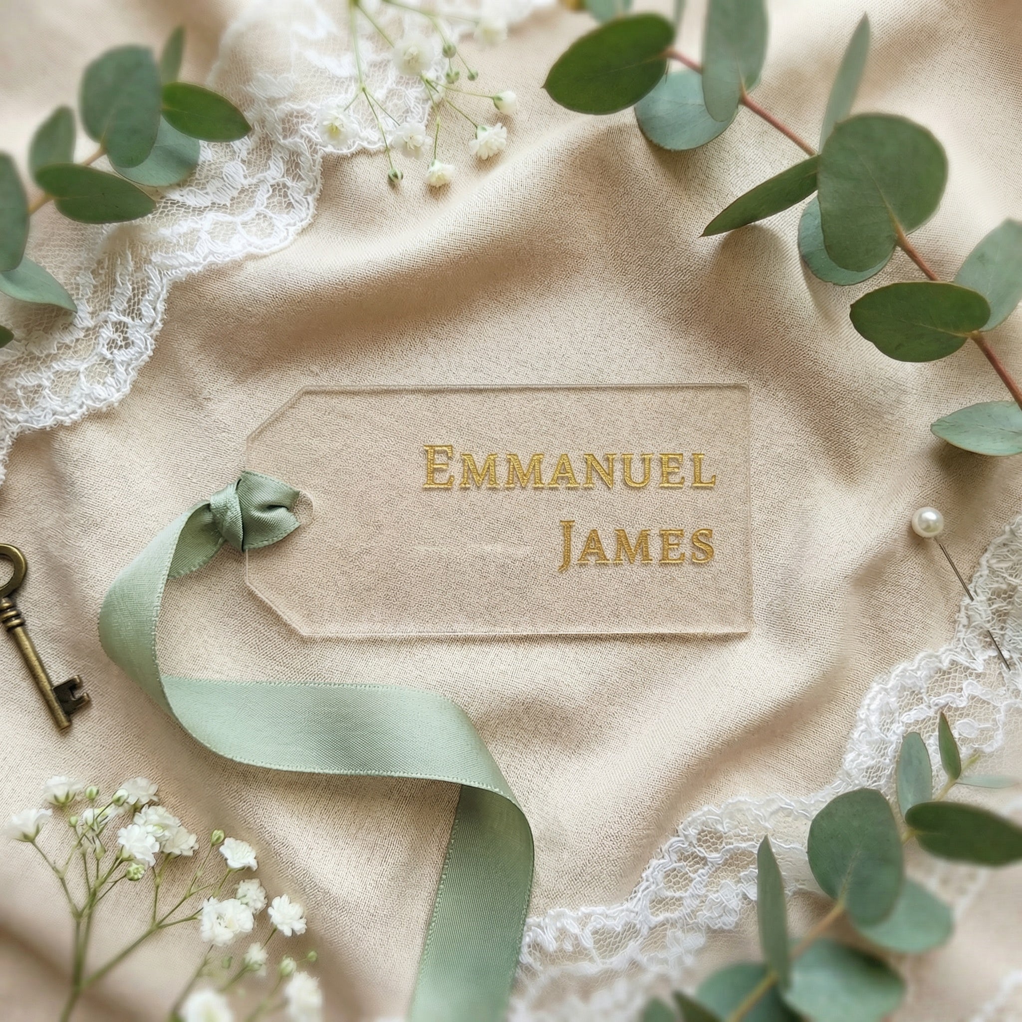 Personalized Wedding Name Tag Place Cards with Ribbon Hole | Engraved Escort Tags | Wood & Acrylic Wedding Place Cards