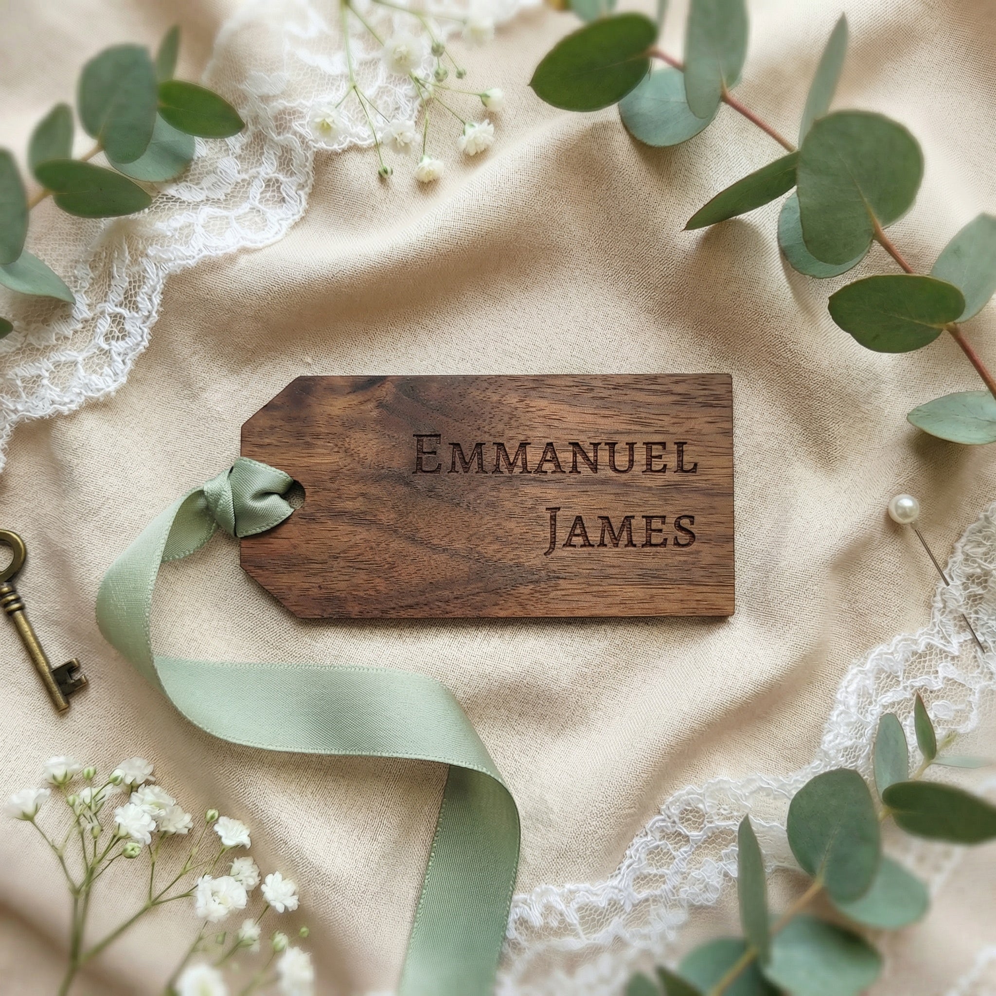Personalized Wedding Name Tag Place Cards with Ribbon Hole | Engraved Escort Tags | Wood & Acrylic Wedding Place Cards