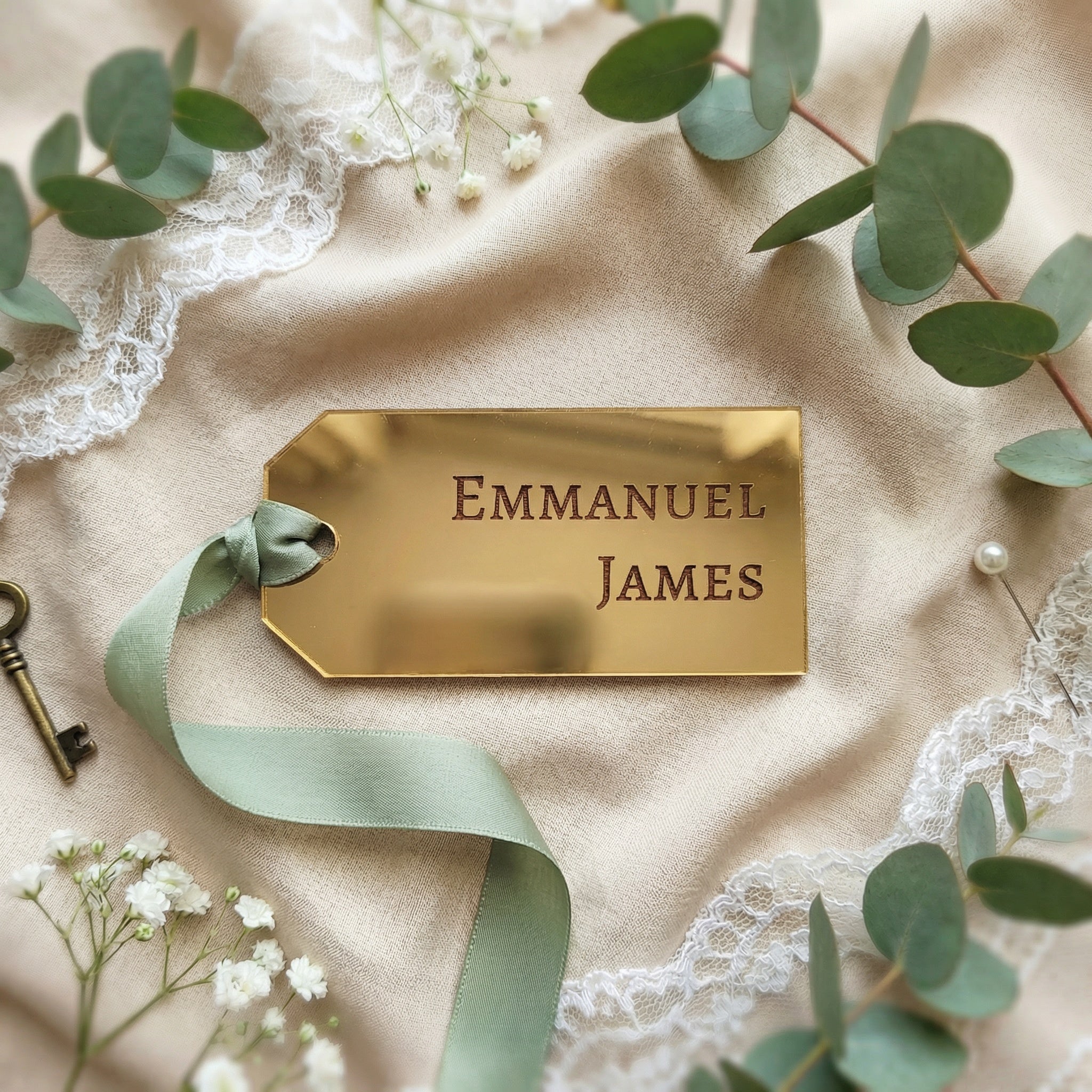 Personalized Wedding Name Tag Place Cards with Ribbon Hole | Engraved Escort Tags | Wood & Acrylic Wedding Place Cards