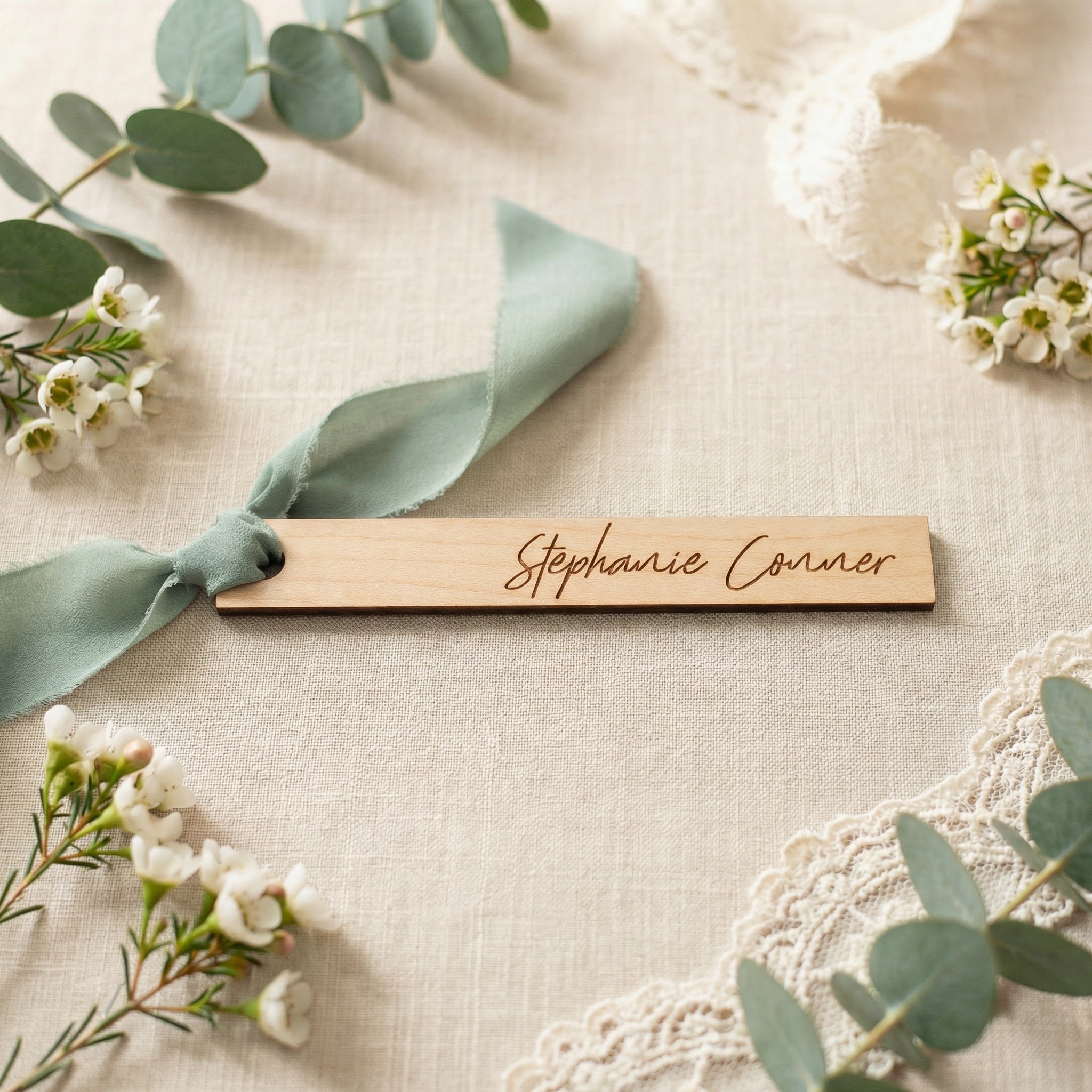 Personalized Wedding Name Tags with Ribbon Hole | Engraved Escort Place Cards | Wooden & Acrylic Guest Name Tags | Wedding Seating Tags