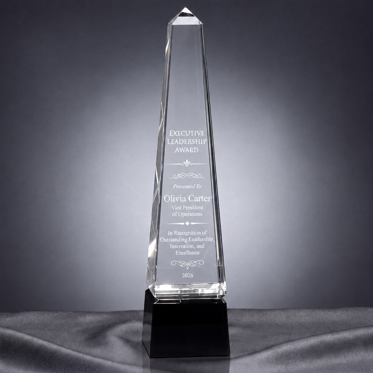 12" Crystal Obelisk Award on Black Pedestal Base | Personalized Executive Recognition Trophy