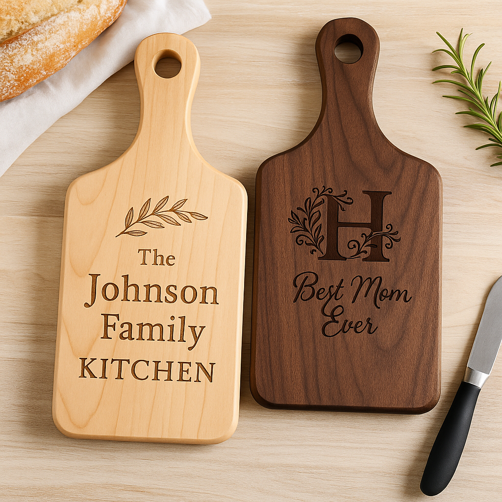 Custom Paddle Cutting Board | Maple or Walnut | Personalized Charcuterie Gift for Weddings, Housewarming, Kitchen Decor
