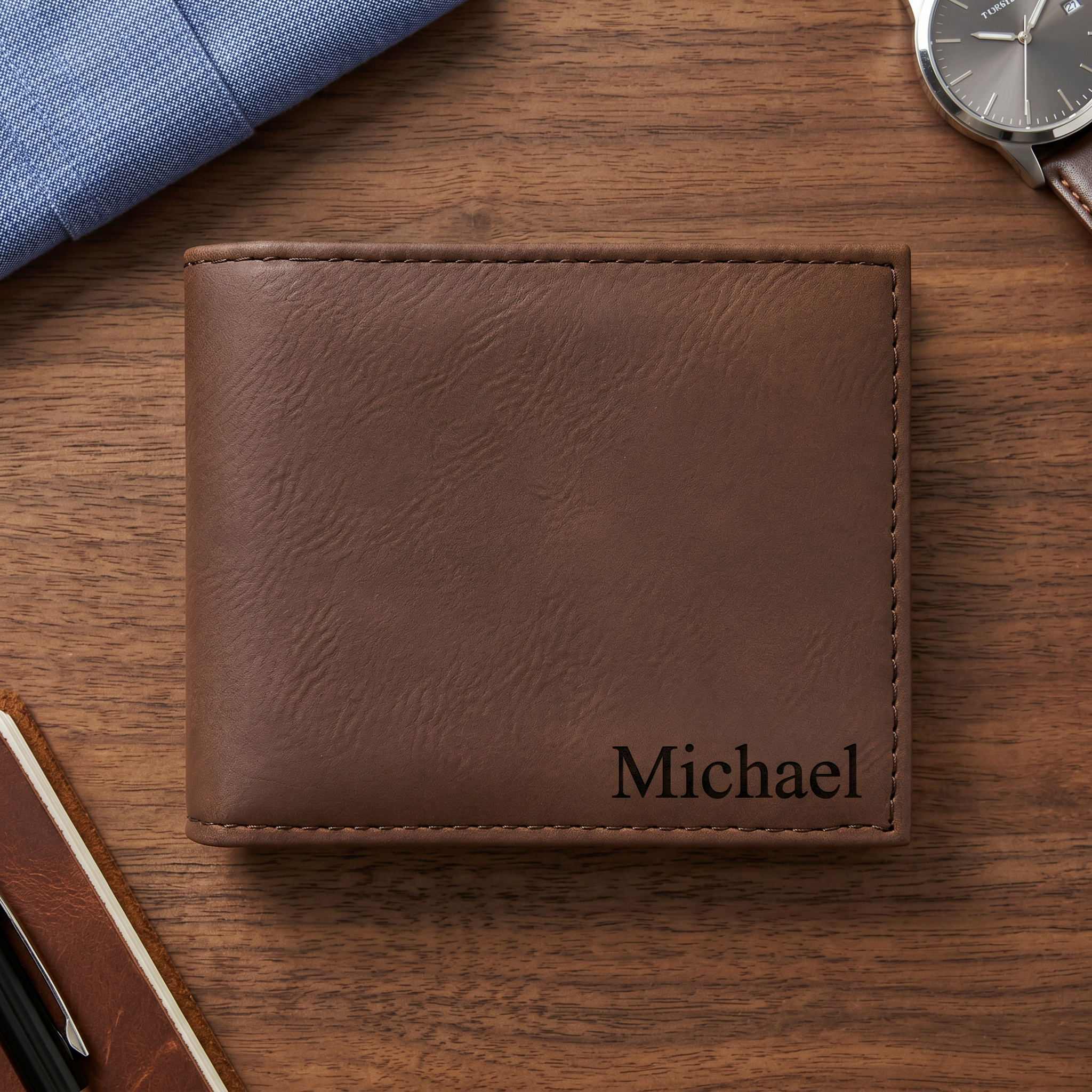 Personalized Leatherette Wallet with Flip ID Window | Custom Engraved Bifold Wallet for Men | Father’s Day Gift