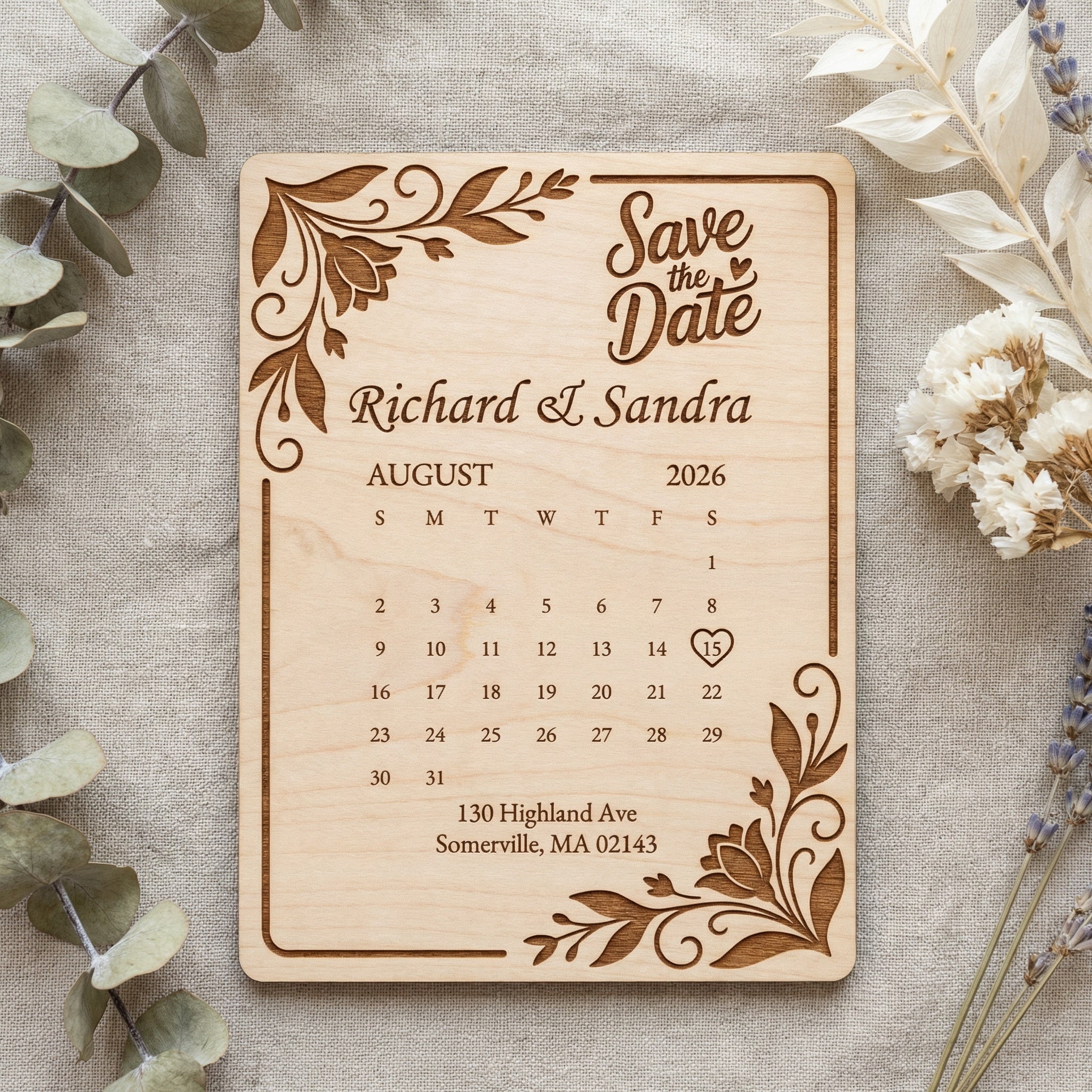 Floral Calendar Save the Date | Engraved Wood Wedding Announcement | Optional Magnet