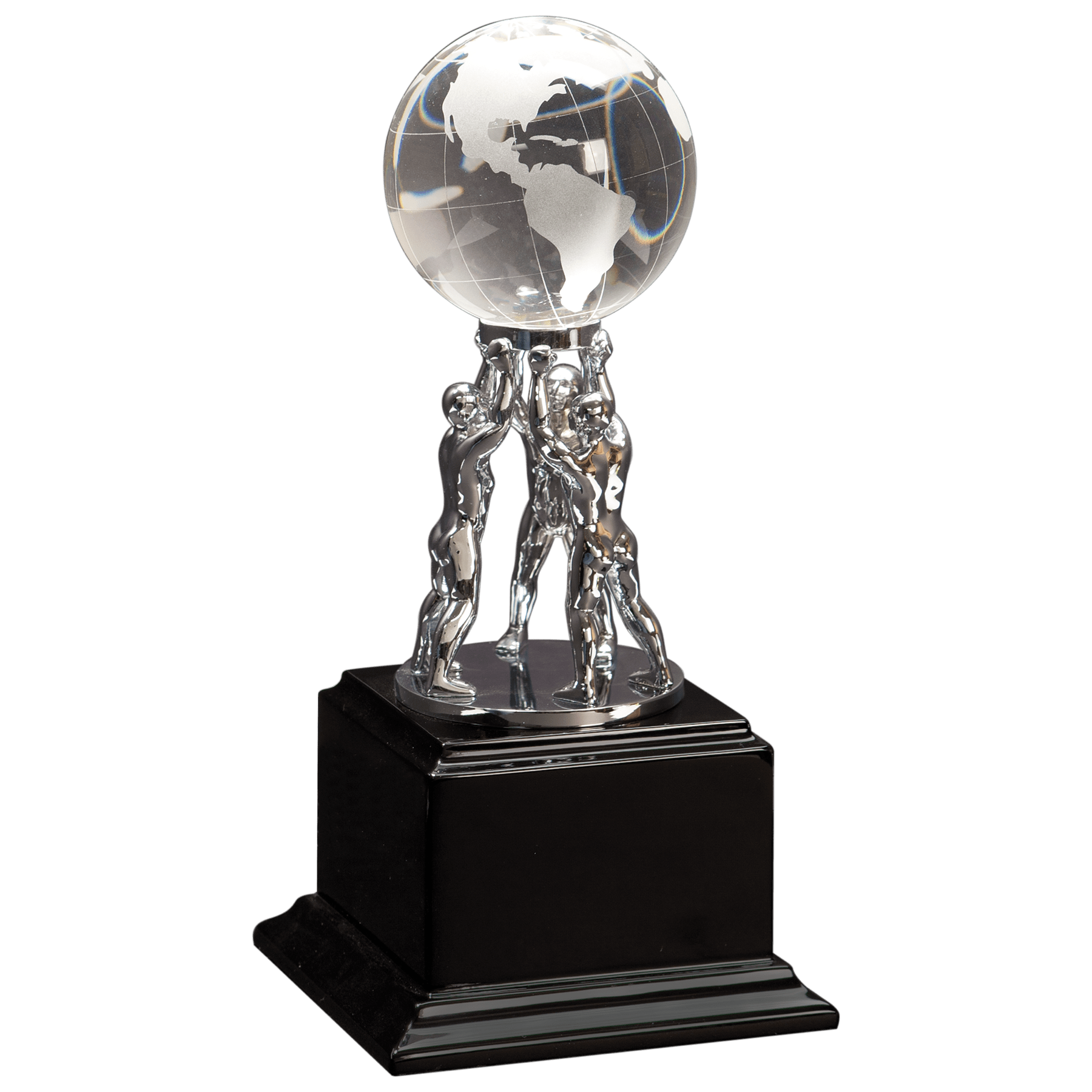 Clear Crystal Globe with Silver Men/Stand on Black Piano Finish Base