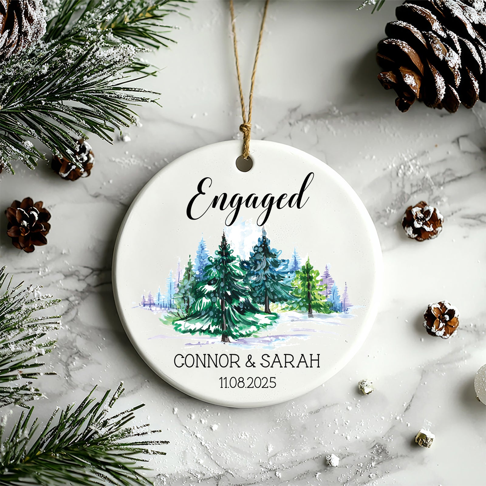 Engagement Christmas Ornament – “Engaged” Forest Watercolor Design (Personalized)