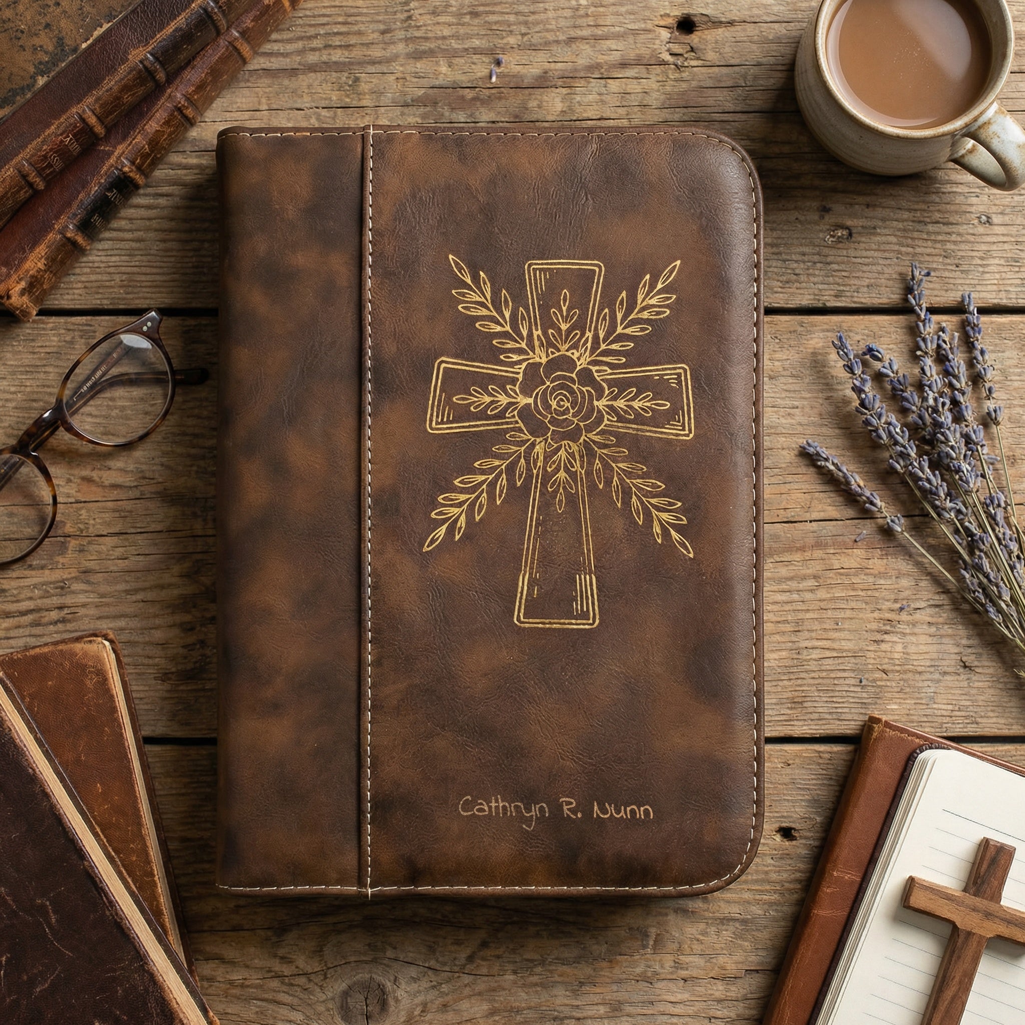 Floral Cross Bible Cover with Name & Scripture | Personalized Leather Bible Case | Christian Gift for Women