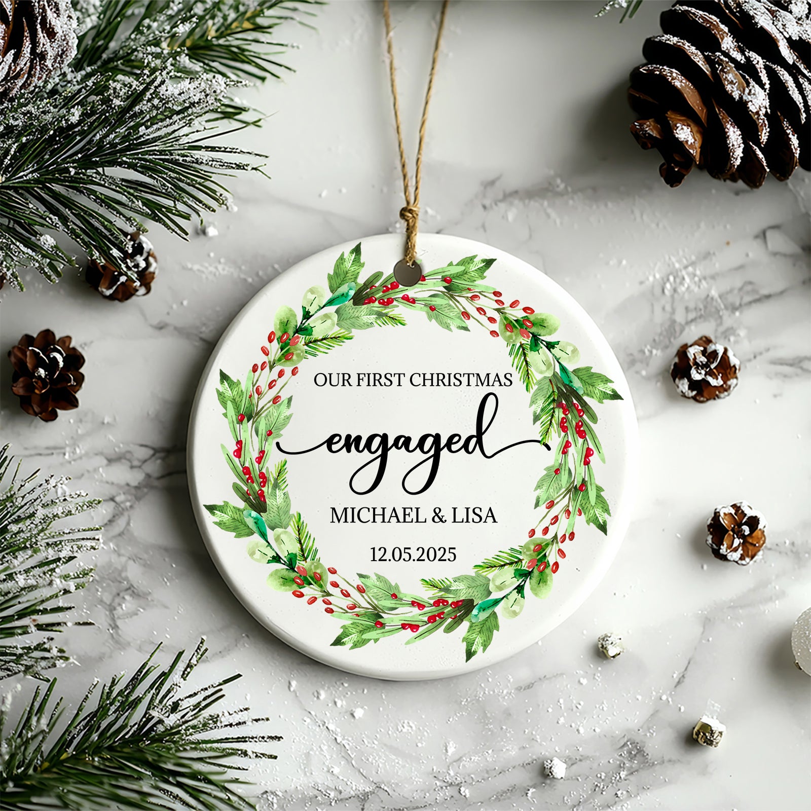 Our First Christmas Engaged Ornament – Watercolor Wreath (Personalized)