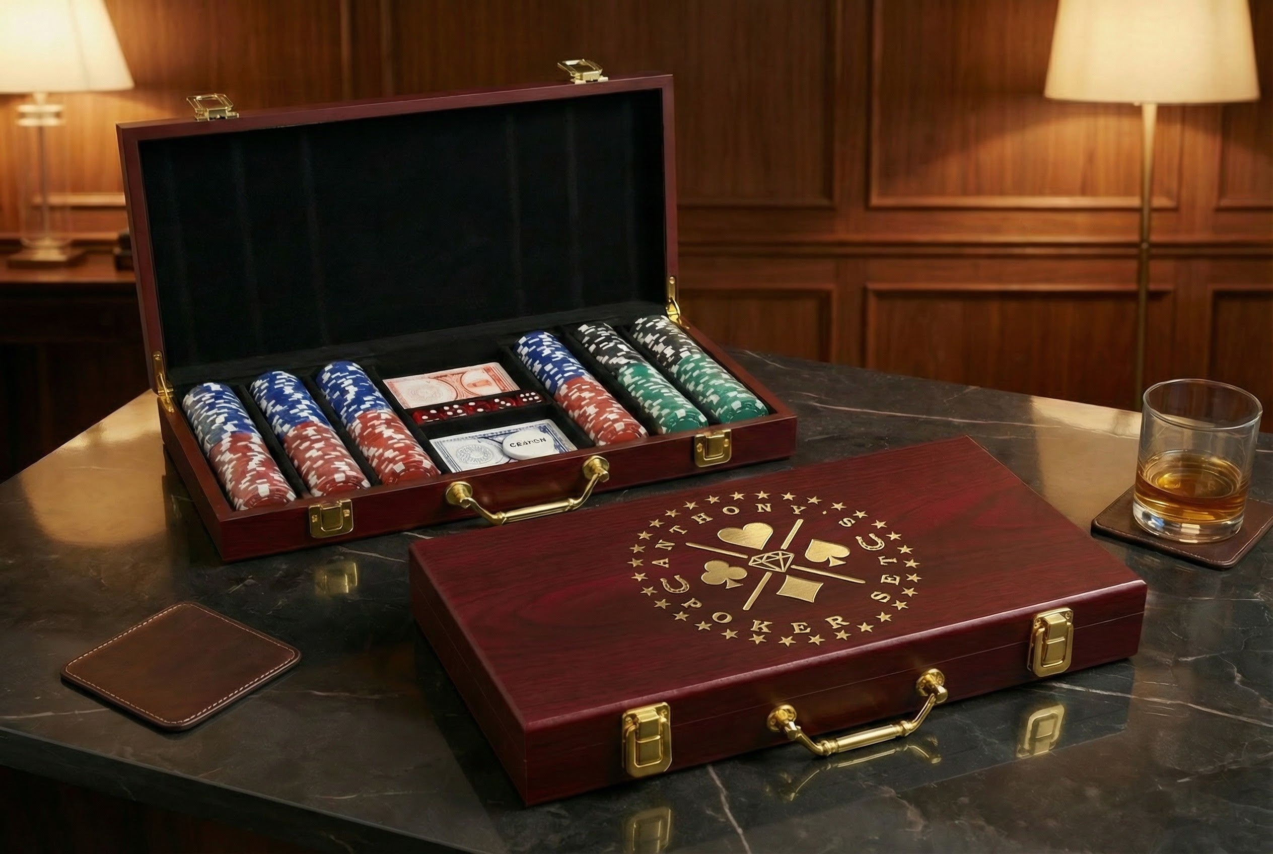 Diamond Circle Custom Poker Night Gift Set – Engraved Rosewood Case