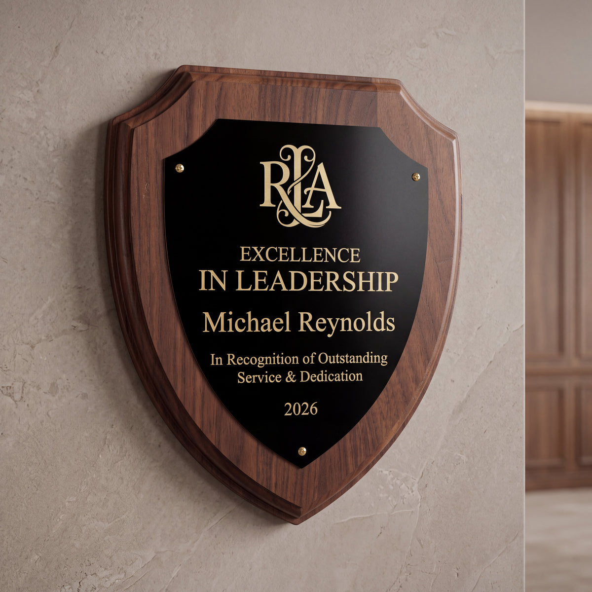 Personalized Walnut Finish Shield Plaque | Black & Gold Engraved Plate