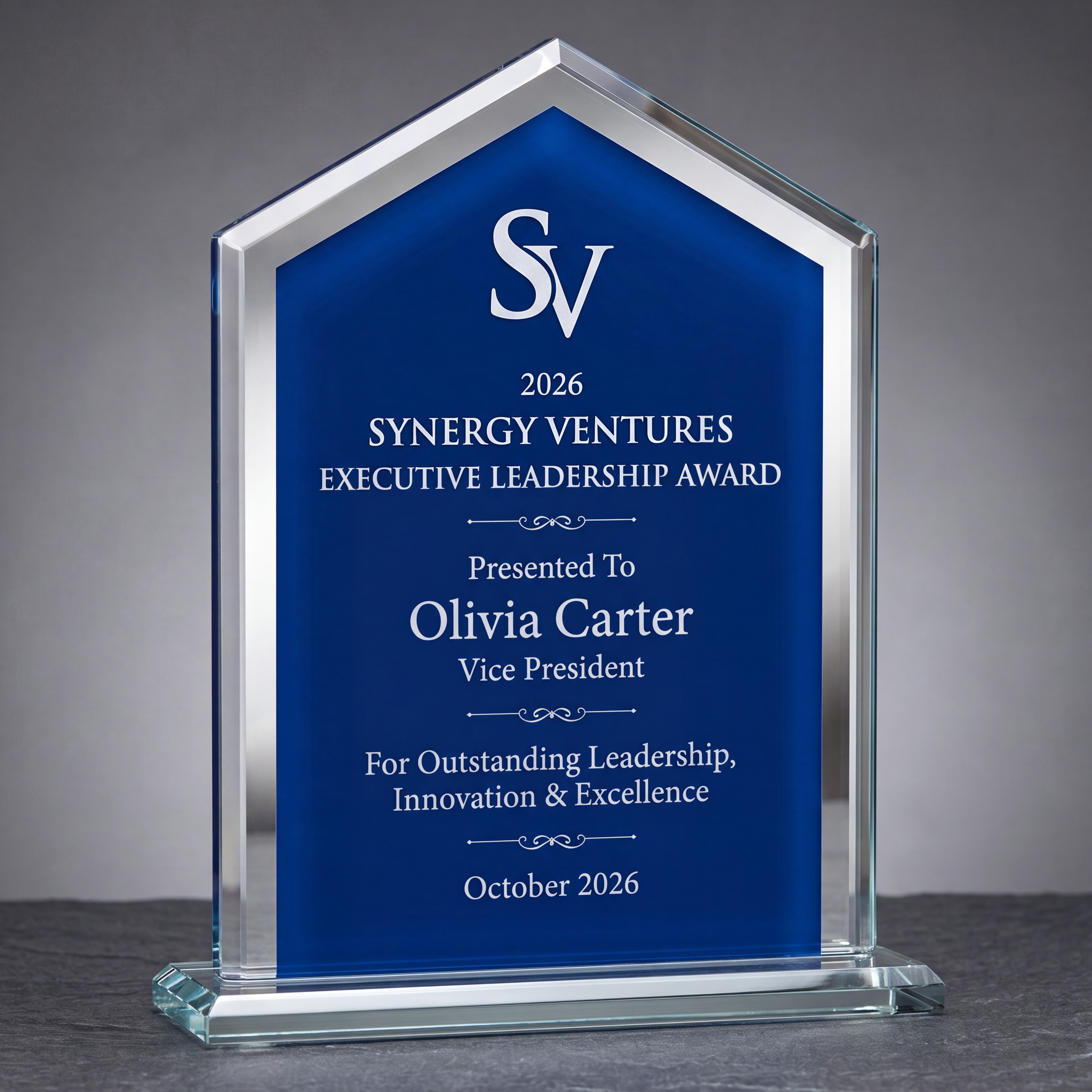 Personalized Pinnacle Glass Award with Blue Center & Silver Border – Executive Recognition Trophy