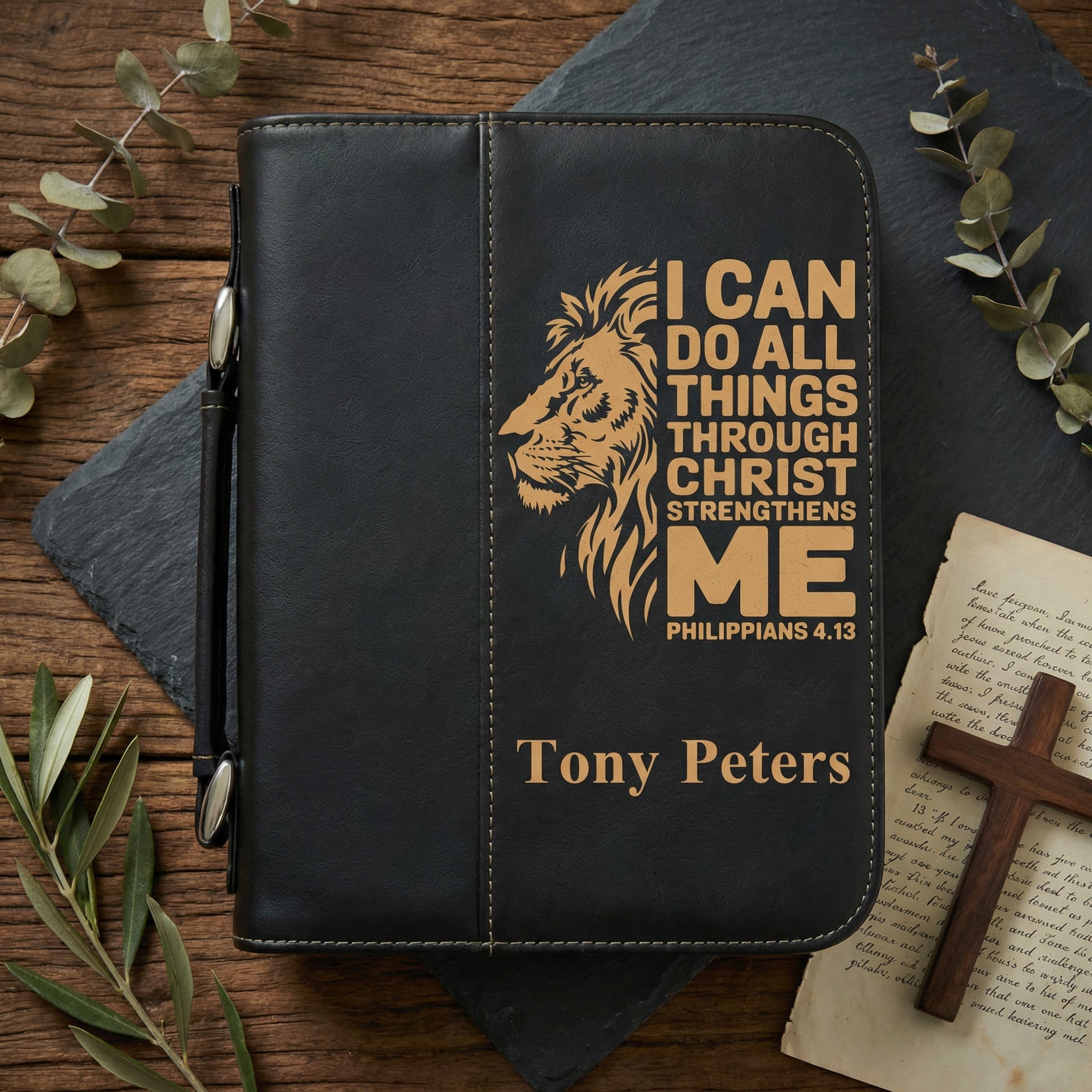 I Can Do All Things Bible Cover | Philippians 4:13 Lion Design | Personalized Christian Bible Case