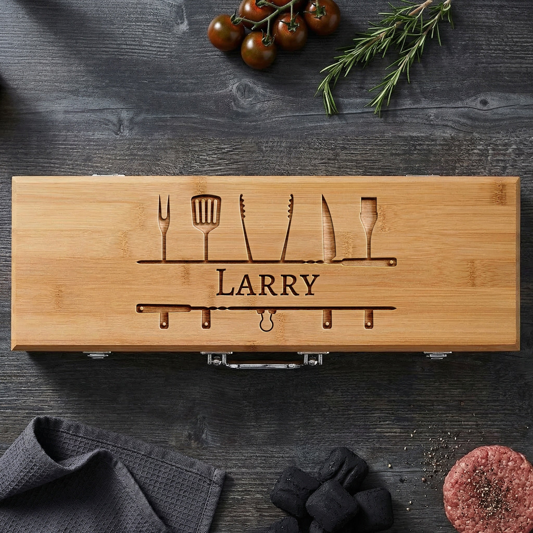 Personalized Bamboo BBQ Grill Set – Split Monogram Utensil Design