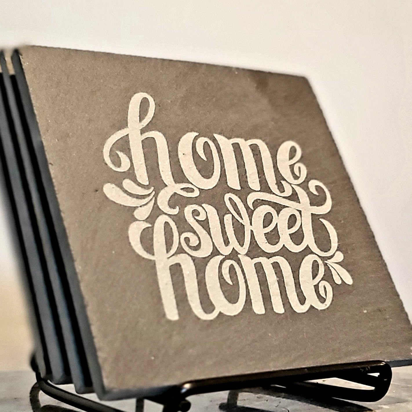 Home Sweet Home Coaster Set | Black Square Slab Slate