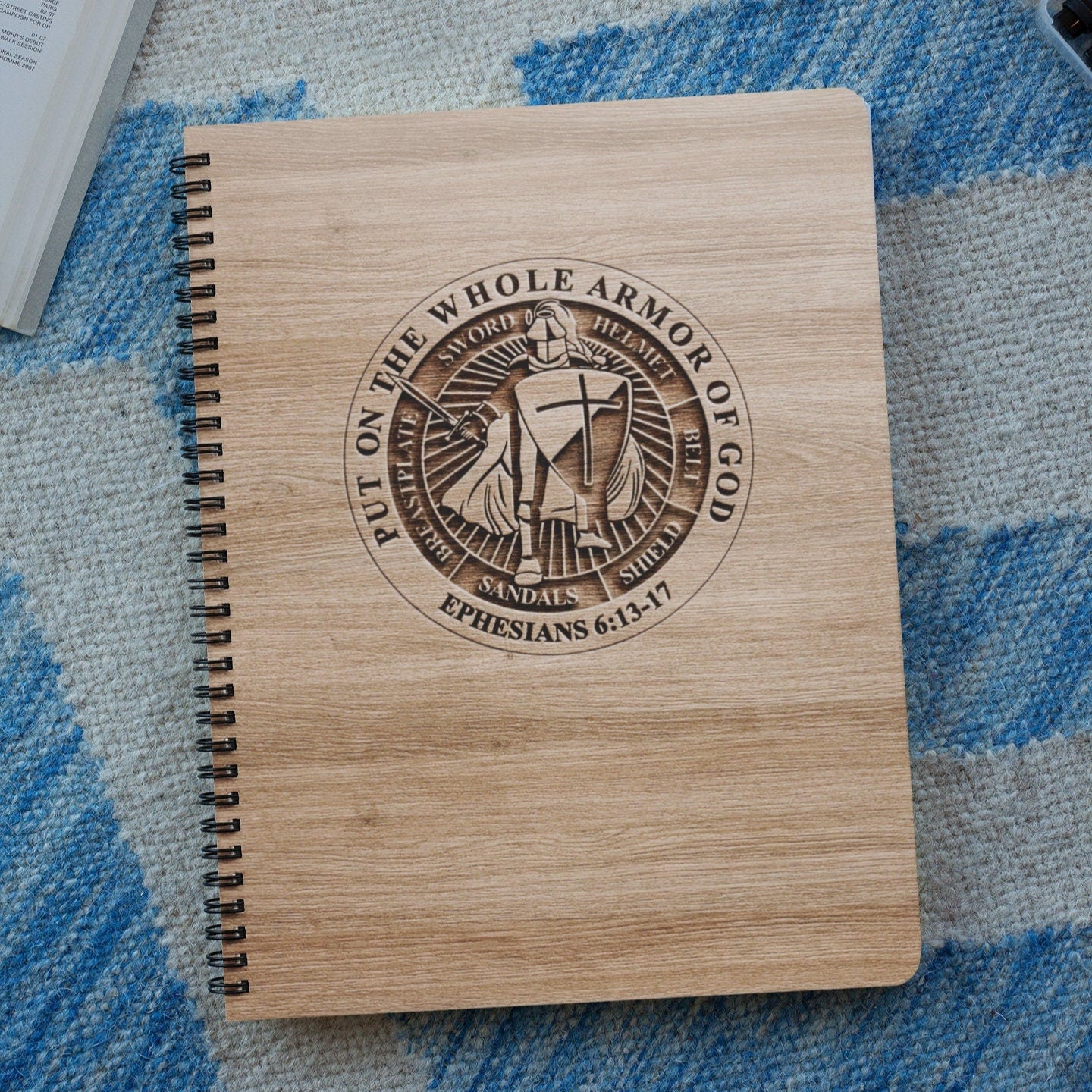 Armor of God Wood Cover Notebook | Ephesians 6:13-17 Gift | Personalized Sketchbook | Customized Engraved Notebook