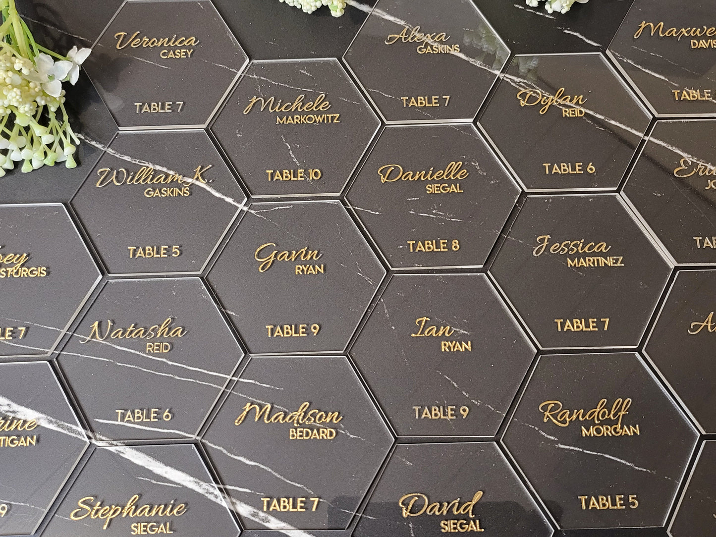 Hexagon Wedding Customized Place Cards | Wood or Acrylic | Personalized Guest Name & Table Tags