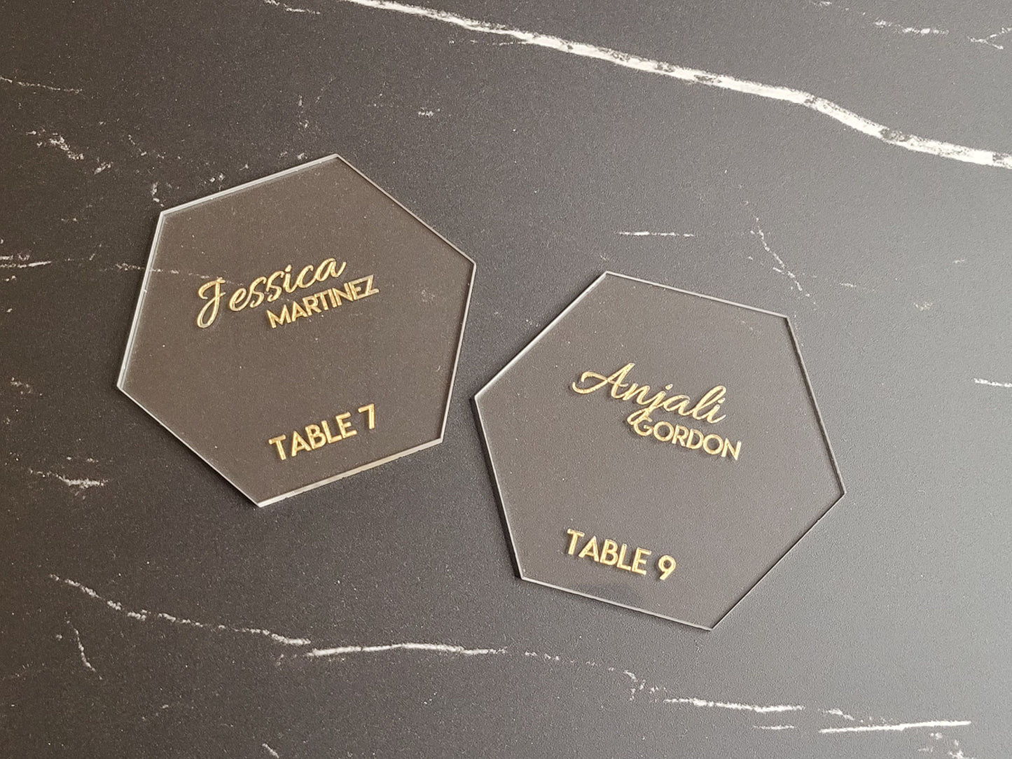 Hexagon Wedding Customized Place Cards | Wood or Acrylic | Personalized Guest Name & Table Tags