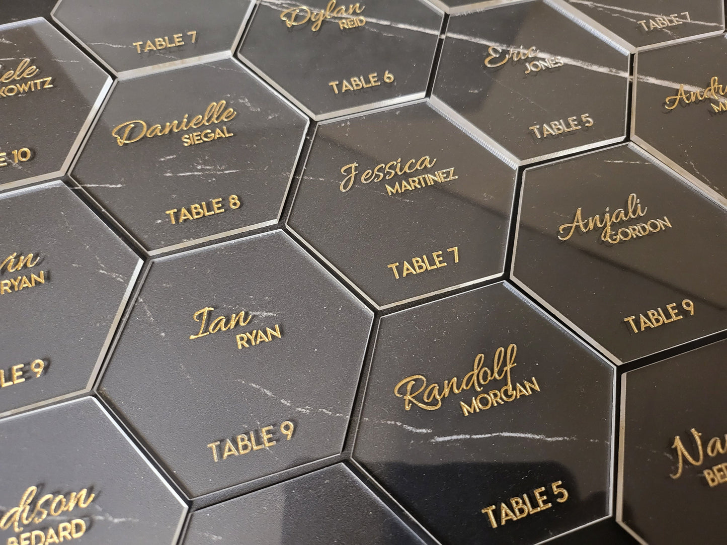 Hexagon Wedding Customized Place Cards | Wood or Acrylic | Personalized Guest Name & Table Tags