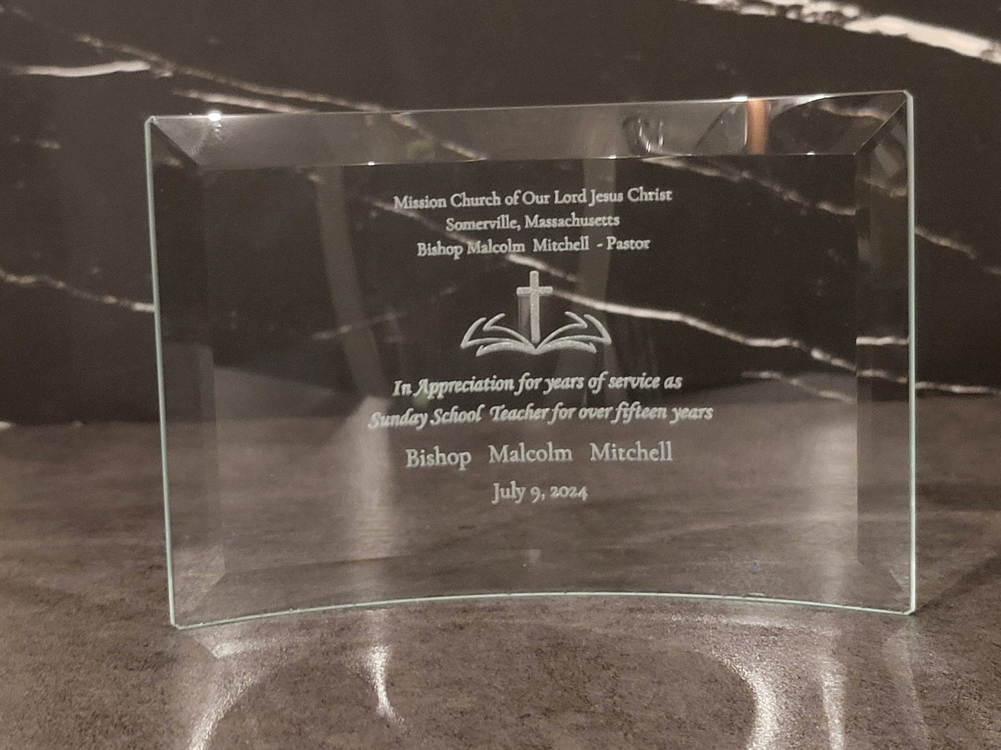 Beveled Jade Glass Crescent Award | Custom Engraved and Personalized Award | Employee Awards | Unique Custom Awards