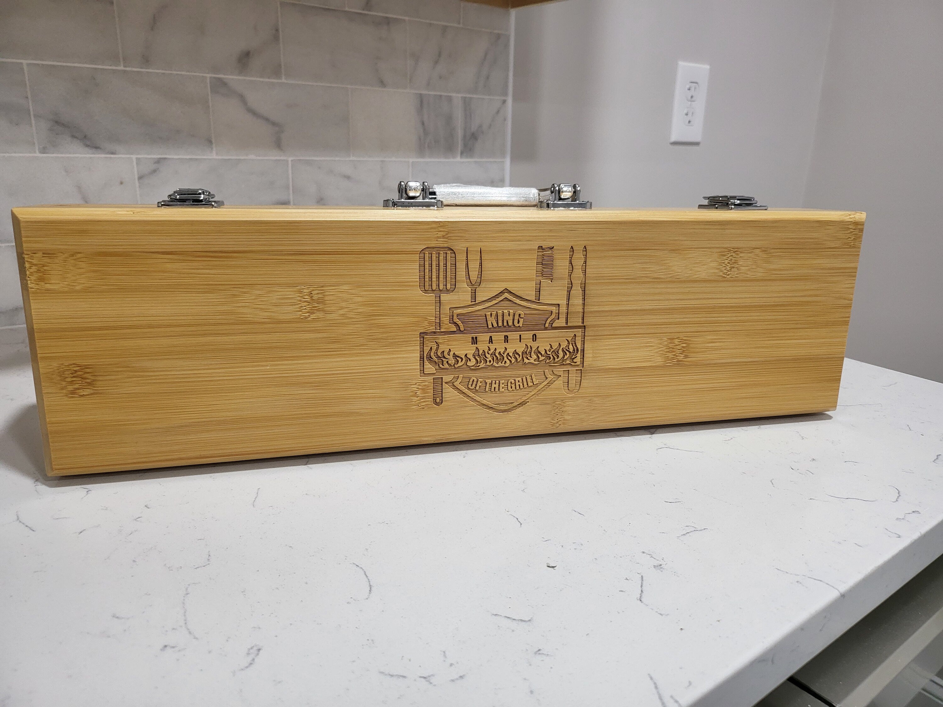 Personalized Bamboo BBQ Grill Set – Flame & Tools Design