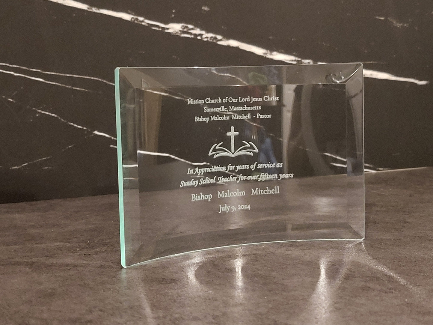 Beveled Jade Glass Crescent Award | Custom Engraved and Personalized Award | Employee Awards | Unique Custom Awards