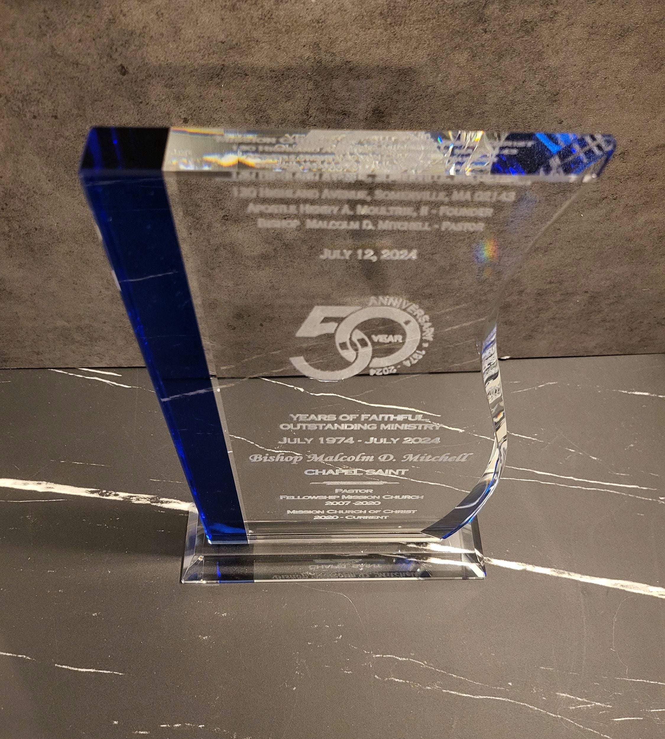 Blue Edge Crystal Wave Award | Gift Plaque | Graduation Plaque | Retirement Appreciation | Personalized Crystal Award | Engraved Trophy