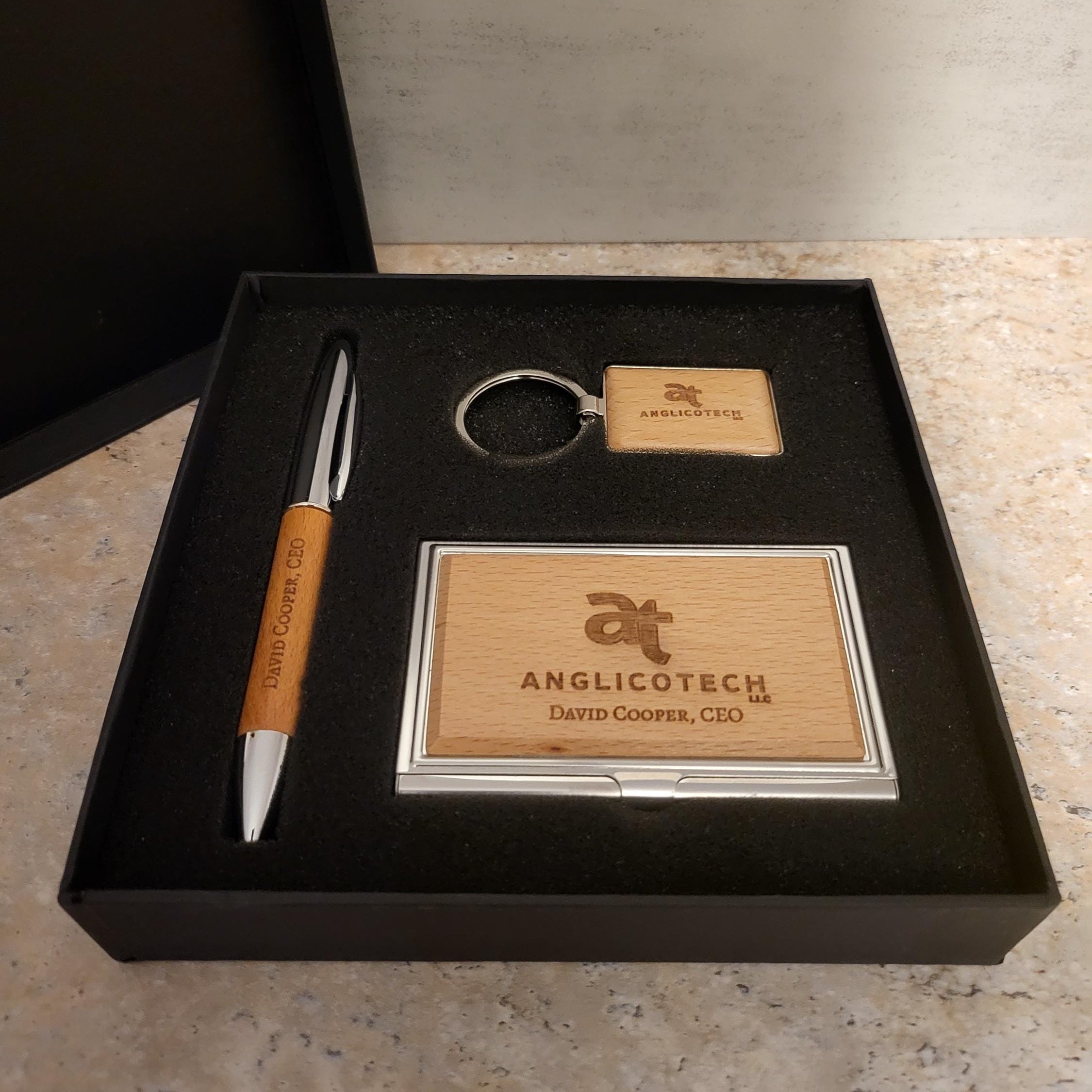 Personalized Silver/Wood Finish Business Card Case, Pen & Keychain Gift Set | Custom Engraved Office Gift Set