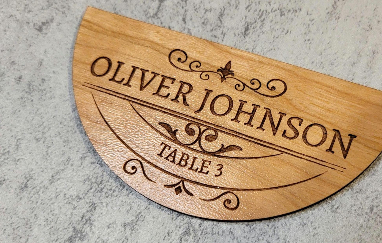 Wedding Place Cards | 4' x 2" Wood, Acrylic Cards | Personalized Semi Circle Elegant, Name Card with Table Number.