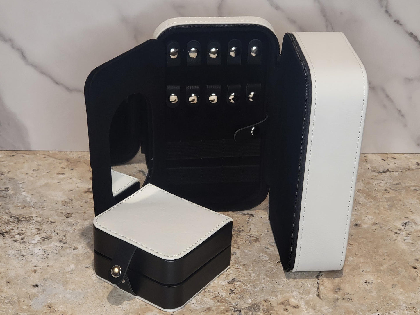 Personalized Leatherette Travel Jewelry Box – 4" x 4" or 7.5" x 4.5" with Tan or Black Lining | Custom Engraved Keepsake Case