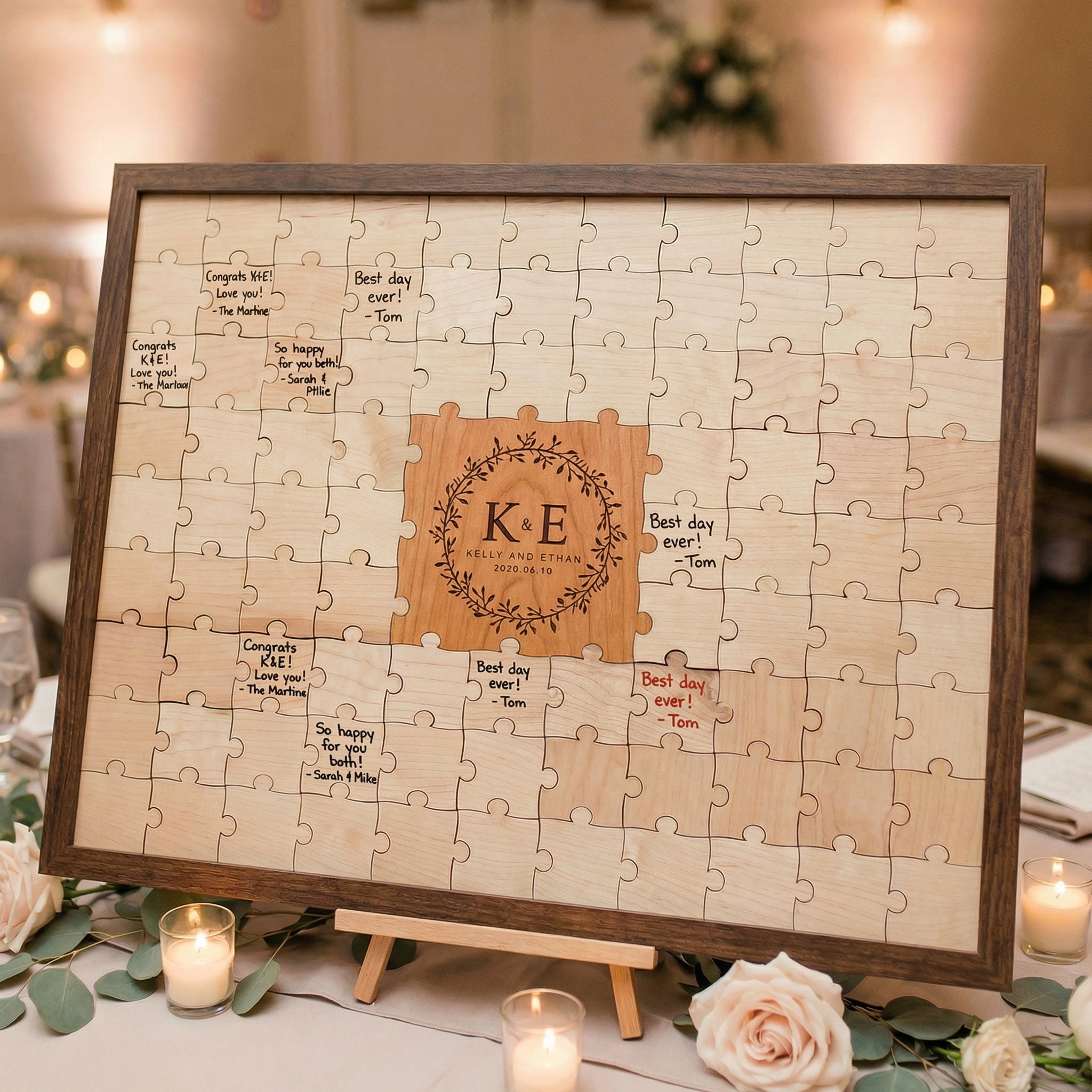 Floral Wreath Initials Puzzle — Personalized Wedding Guestbook Alternative