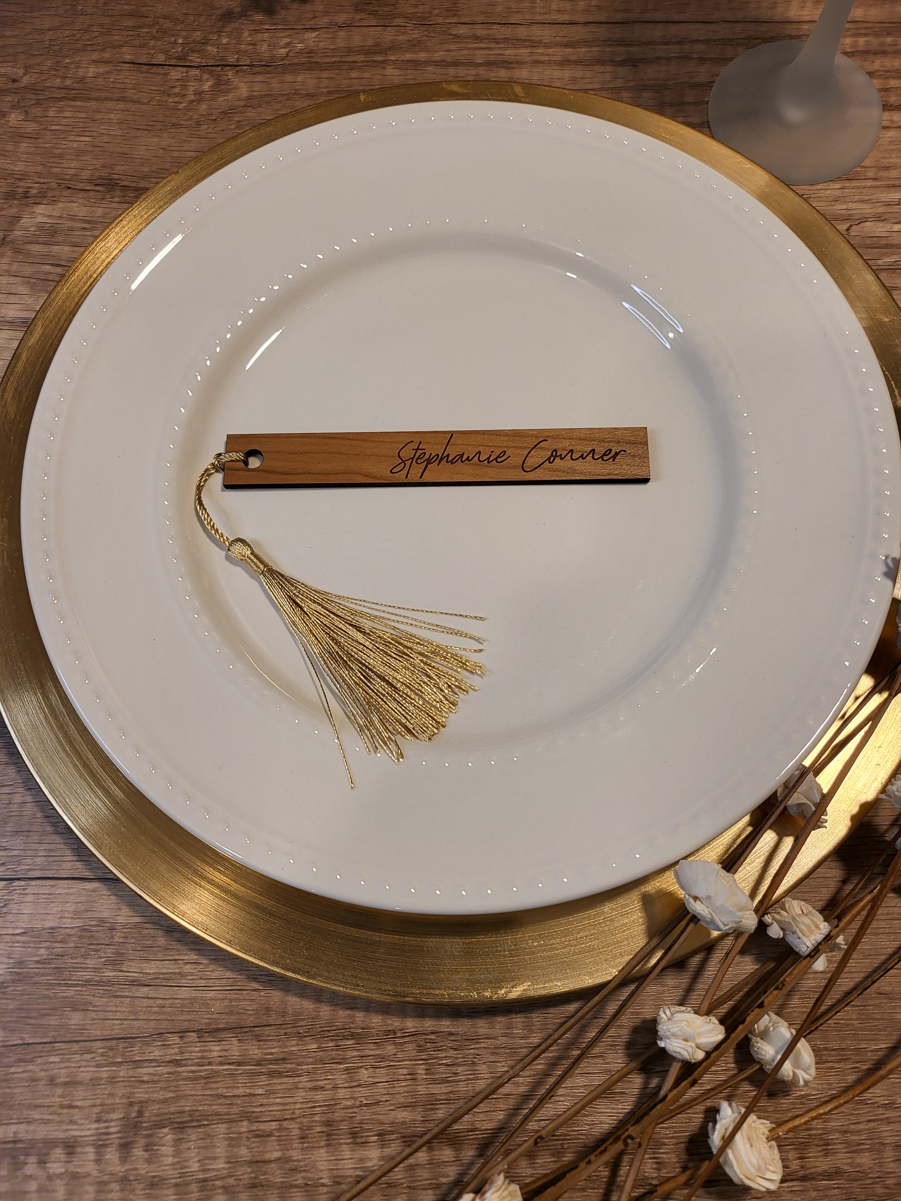 Personalized Wedding Name Tags with Ribbon Hole | Engraved Escort Place Cards | Wooden & Acrylic Guest Name Tags | Wedding Seating Tags