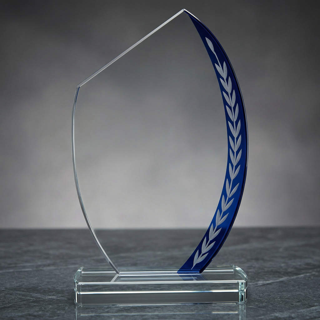 Blue Slant Oval Glass Award | Custom Engraved Recognition Trophy