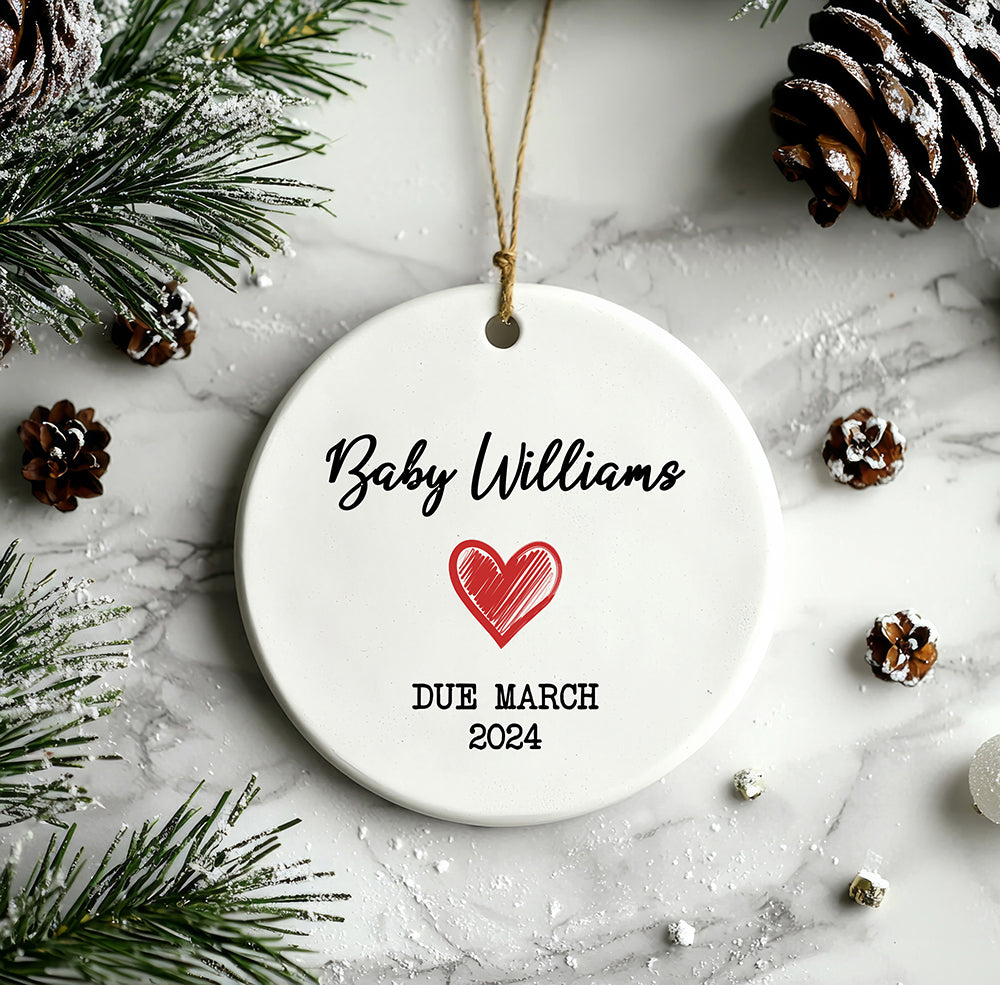 Baby Announcement Ornament – Red Heart “Baby Due” (Personalized Pregnancy Reveal)