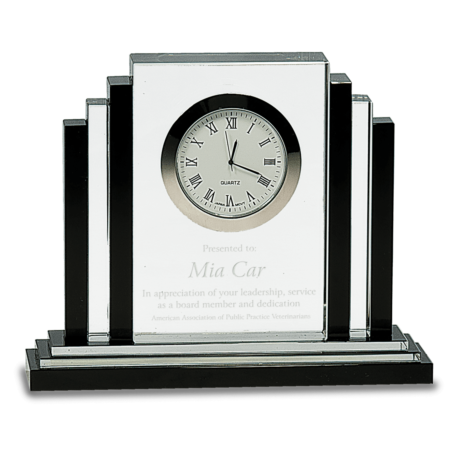 6" Crystal Desk Clock Award with Black Trim