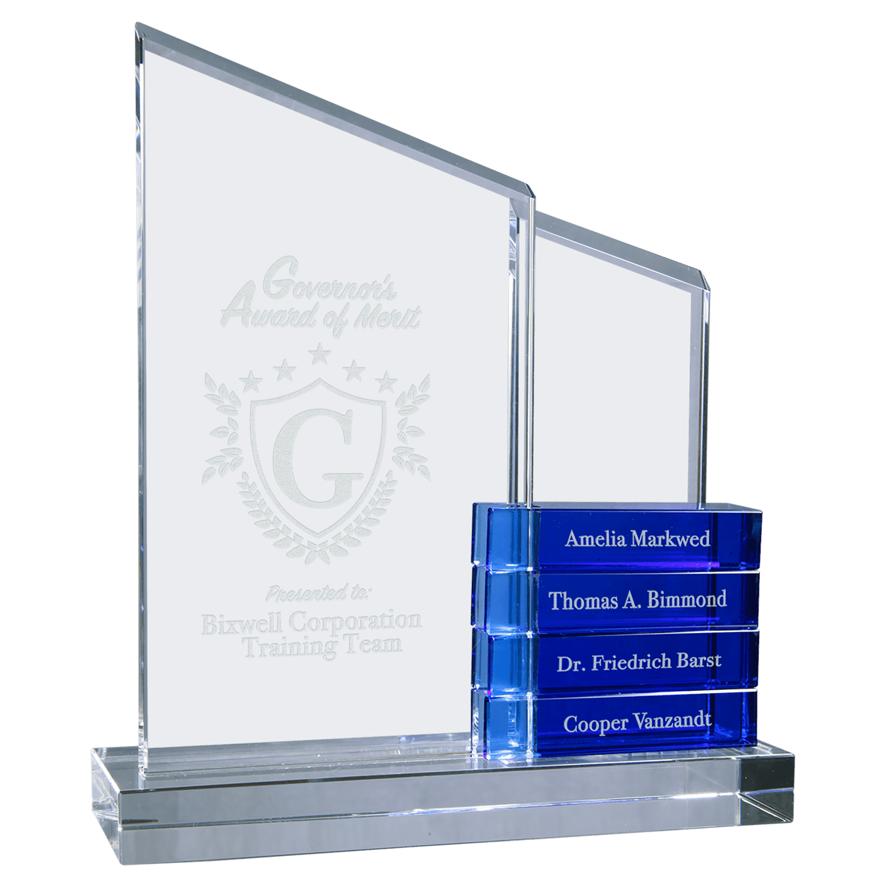 Crystal Perpetual Standup Plaque with 4 Blue Crystal Blocks | Personalized Graduation, Retirement, Employee Appreciation | Personalized Crystal Award
