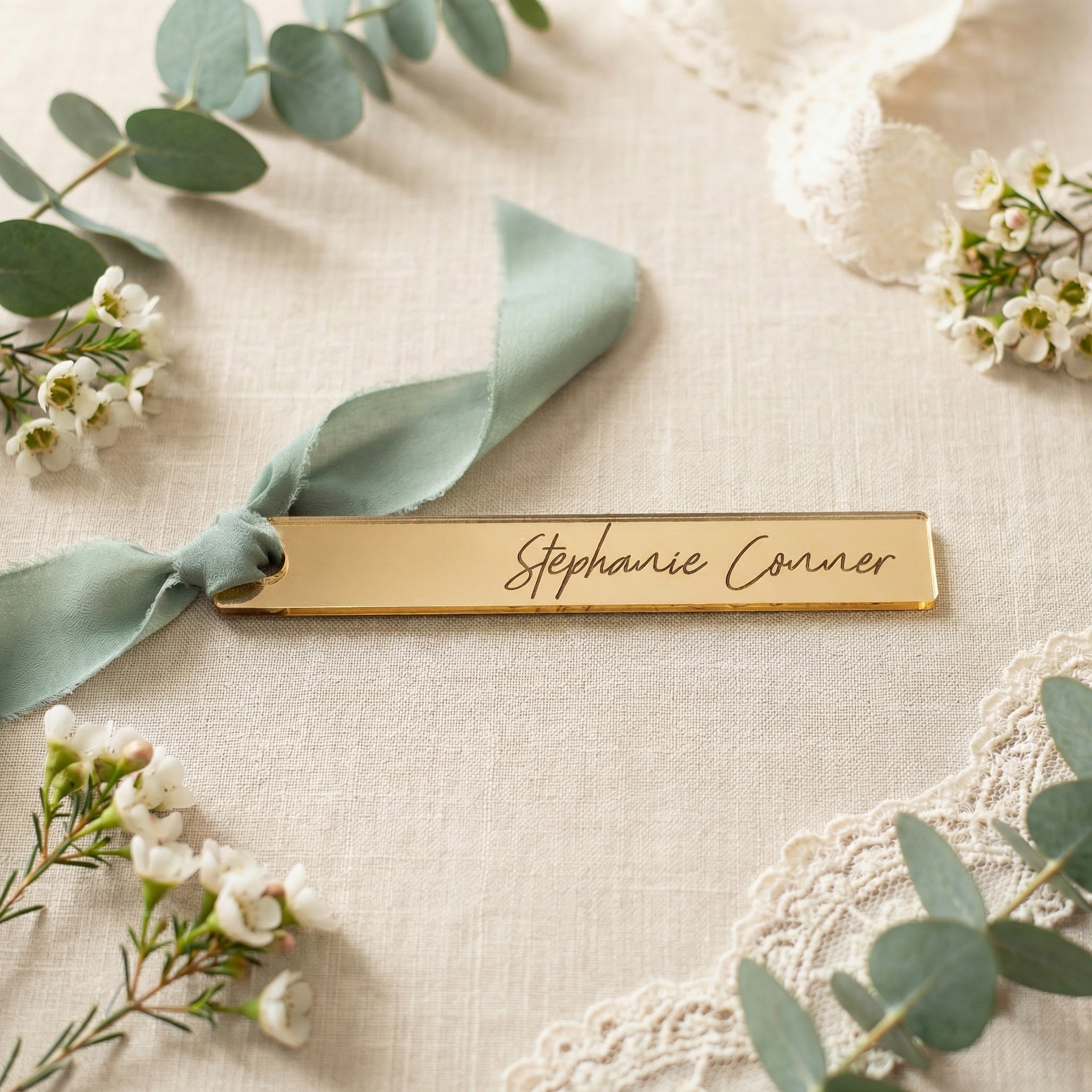 Personalized Wedding Name Tags with Ribbon Hole | Engraved Escort Place Cards | Wooden & Acrylic Guest Name Tags | Wedding Seating Tags
