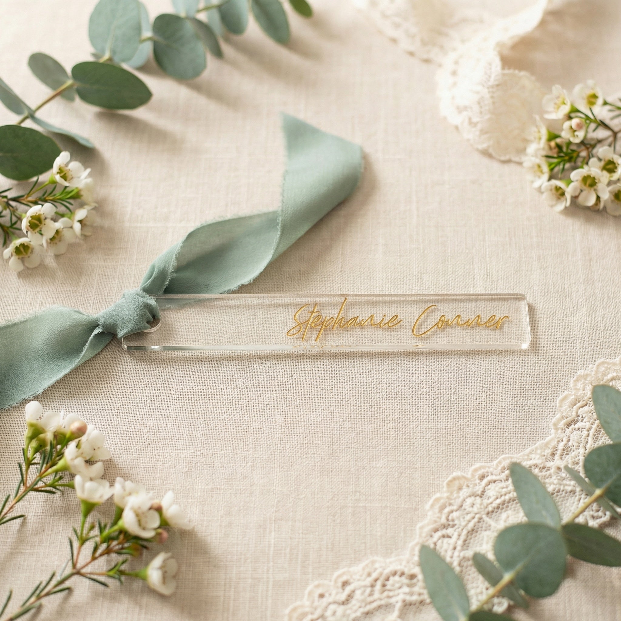 Personalized Wedding Name Tags with Ribbon Hole | Engraved Escort Place Cards | Wooden & Acrylic Guest Name Tags | Wedding Seating Tags