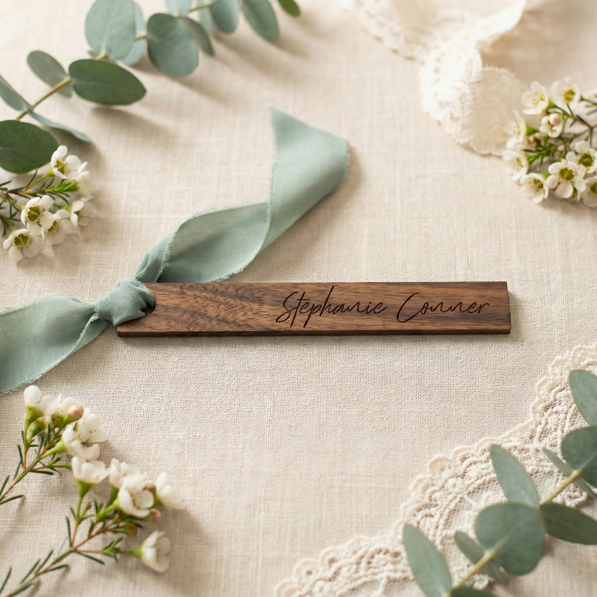 Personalized Wedding Name Tags with Ribbon Hole | Engraved Escort Place Cards | Wooden & Acrylic Guest Name Tags | Wedding Seating Tags