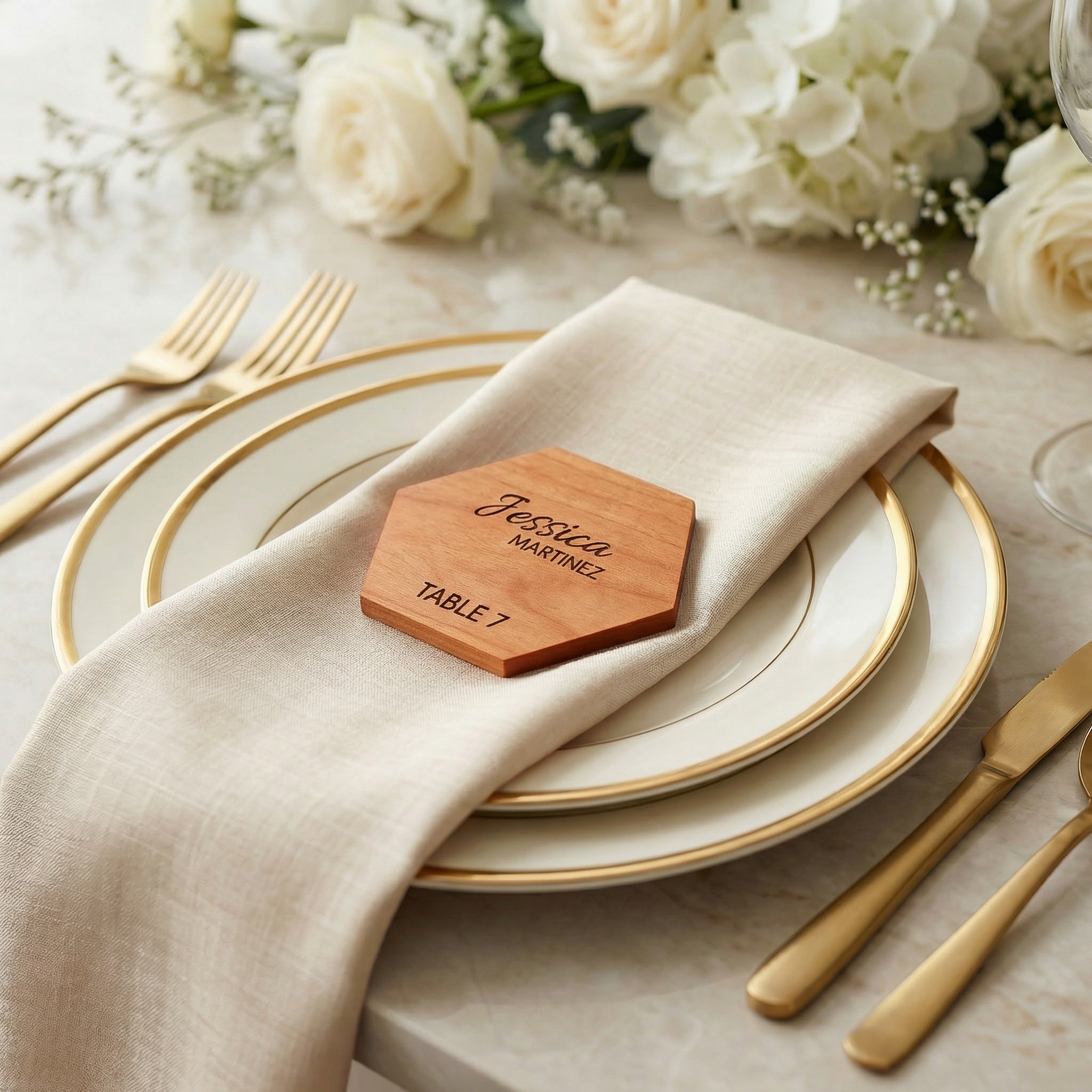 Modern Hexagon Wedding Place Cards – Acrylic or Wood Table Name Settings (3.32” x 2.875”)