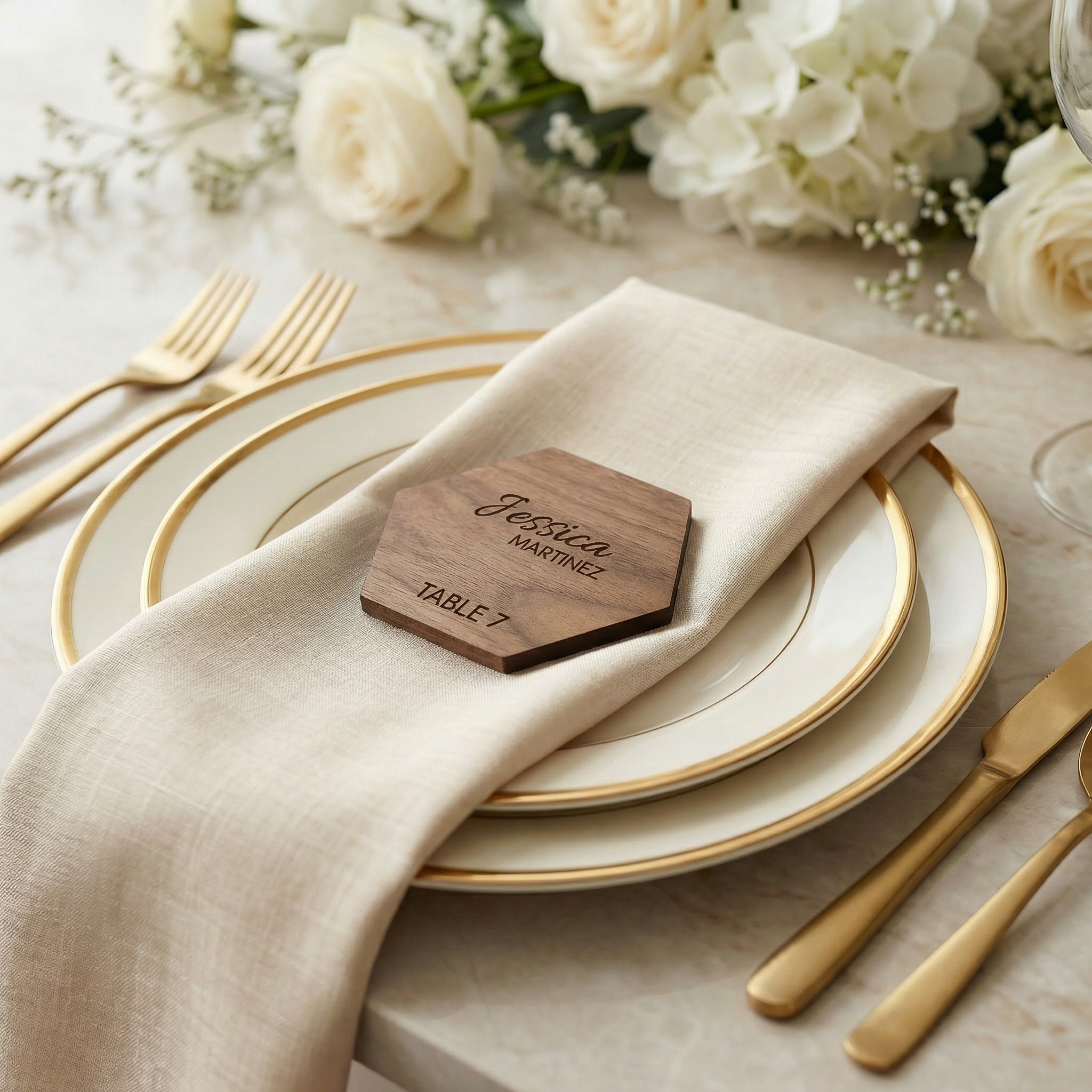 Modern Hexagon Wedding Place Cards – Acrylic or Wood Table Name Settings (3.32” x 2.875”)