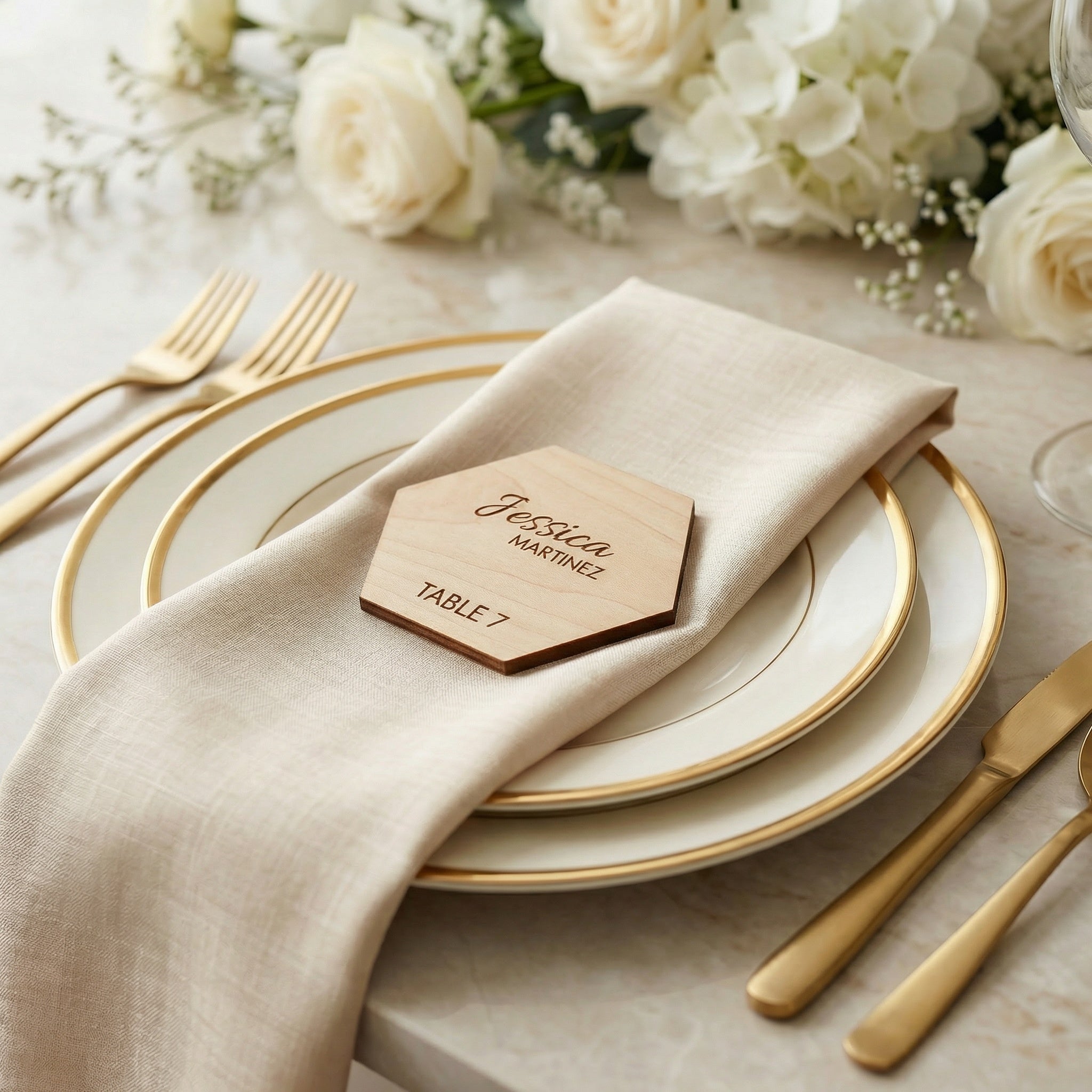 Modern Hexagon Wedding Place Cards – Acrylic or Wood Table Name Settings (3.32” x 2.875”)