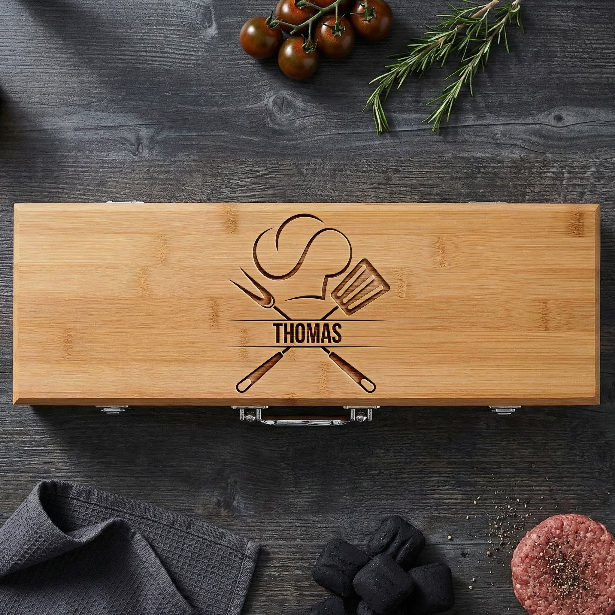 Personalized Bamboo BBQ Grill Set – Chef Hat & Utensils Engraved Case