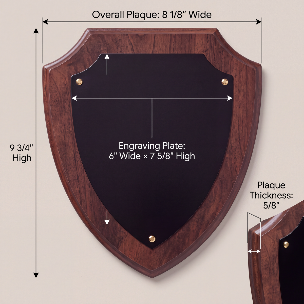 Personalized Walnut Finish Shield Plaque | Black & Gold Engraved Plate
