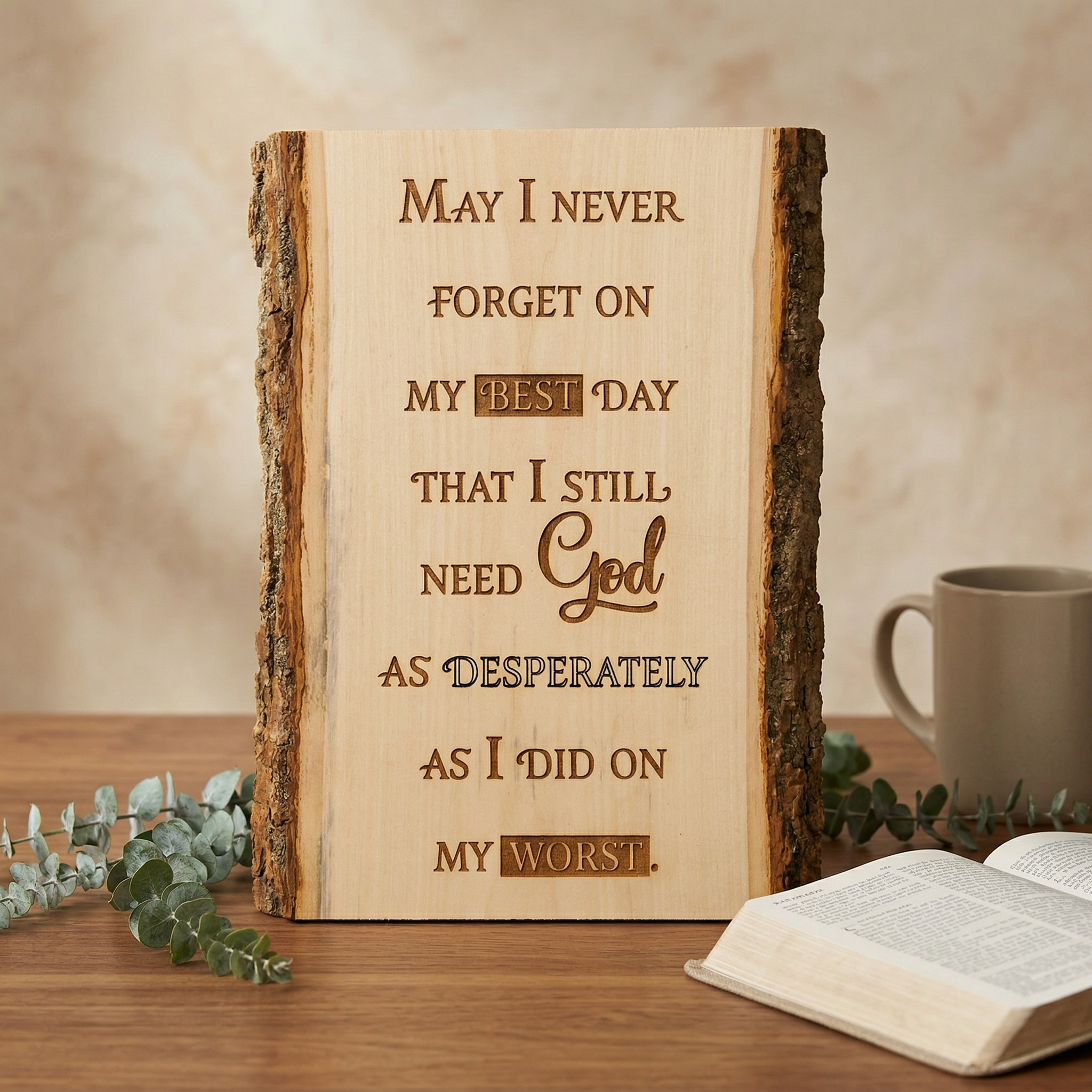 Engraved Wood Sign – “May I Never Forget on My Best Day…” | Christian Inspirational Quote Plaque