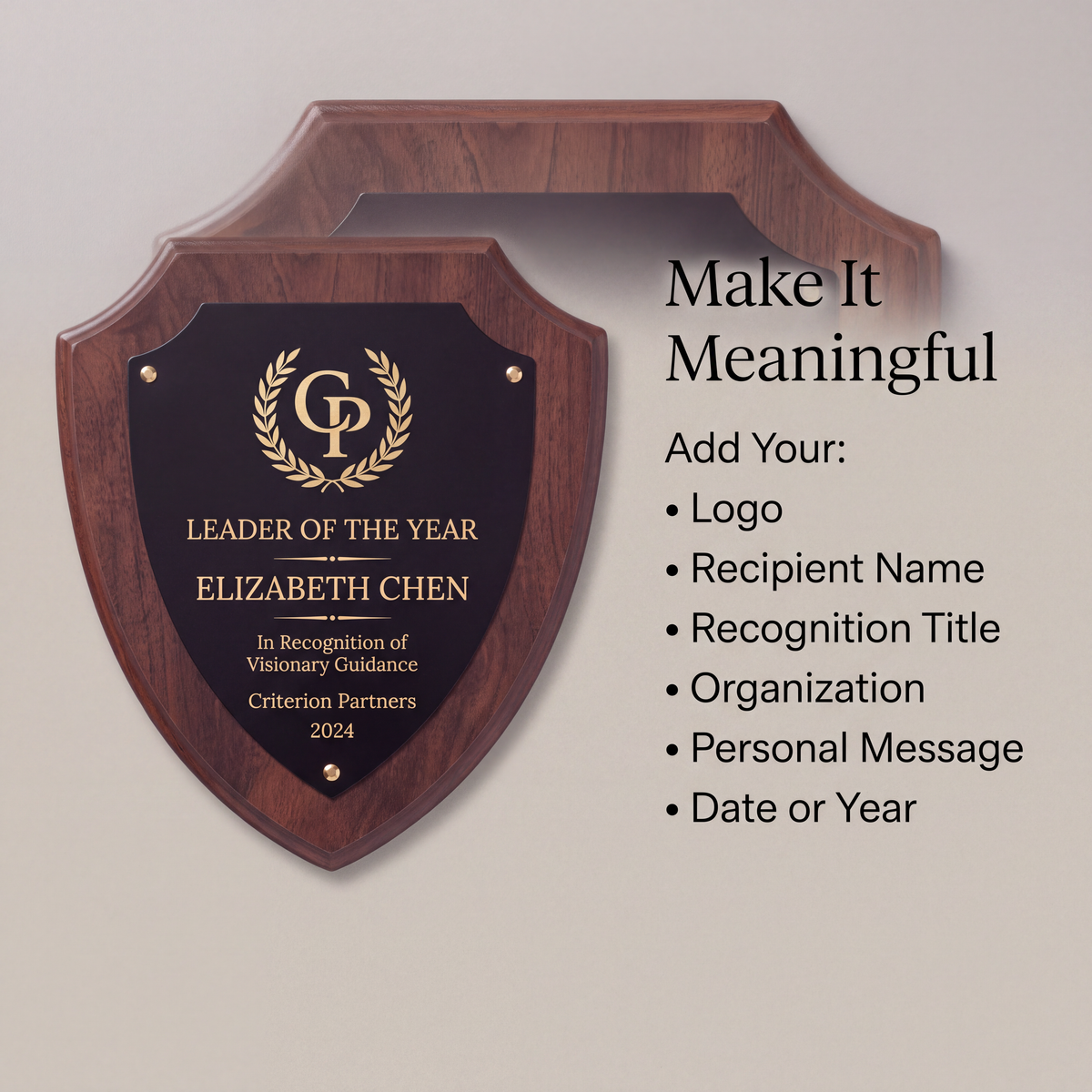 Personalized Walnut Finish Shield Plaque | Black & Gold Engraved Plate