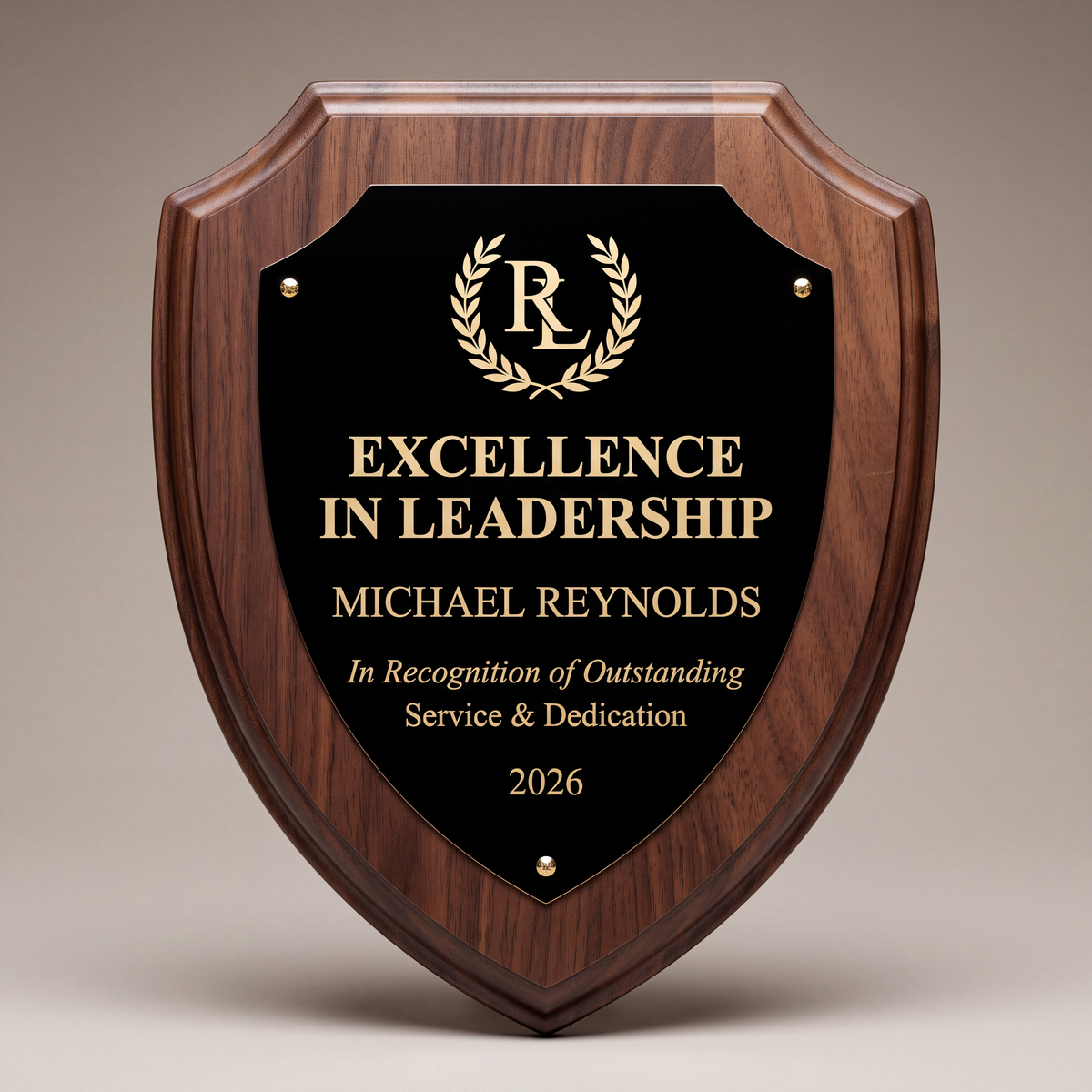 Personalized Walnut Finish Shield Plaque | Black & Gold Engraved Plate