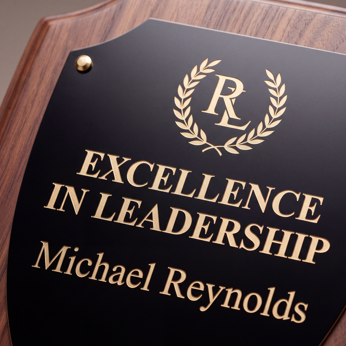 Personalized Walnut Finish Shield Plaque | Black & Gold Engraved Plate